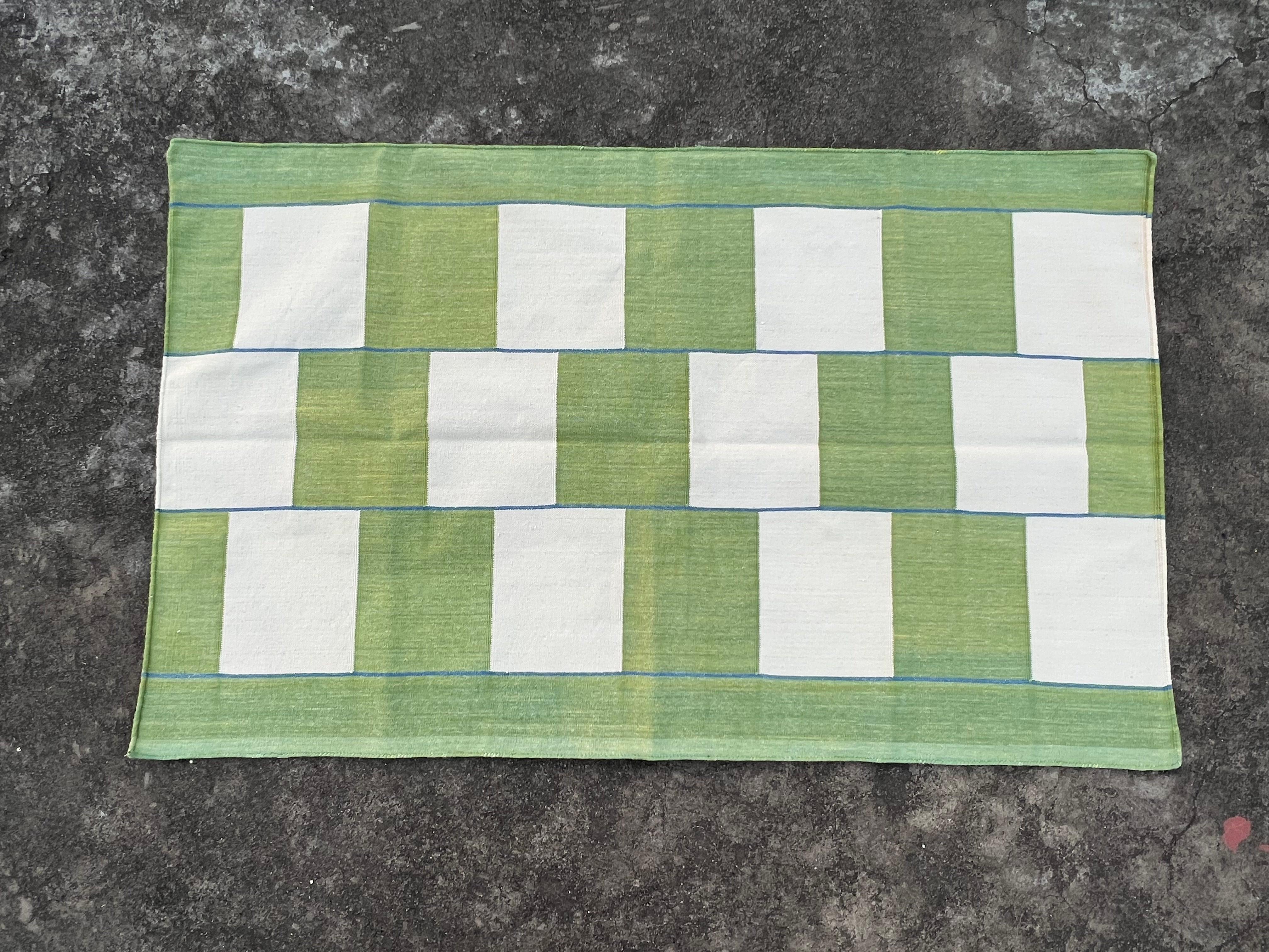 Handmade Cotton Area Flat Weave Rug, 4x6 Green And White Checked Indian Dhurrie For Sale 1
