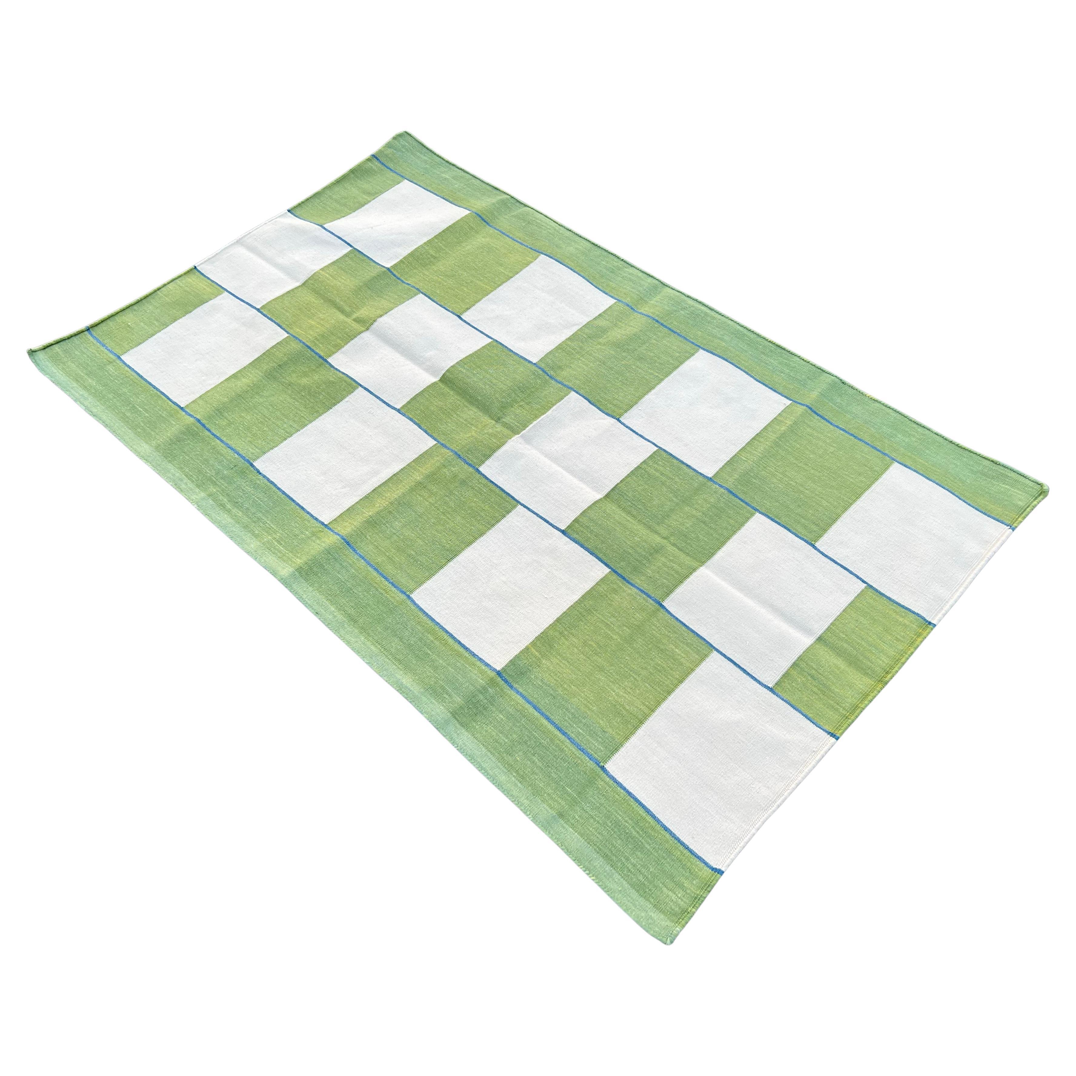 Handmade Cotton Area Flat Weave Rug, 3x5 Green And White Checked Indian Dhurrie For Sale