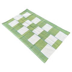 Handgefertigter Flachgewebe-Teppich aus Baumwolle, 3x5 Grüner und weiß karierter indischer Dhurrie