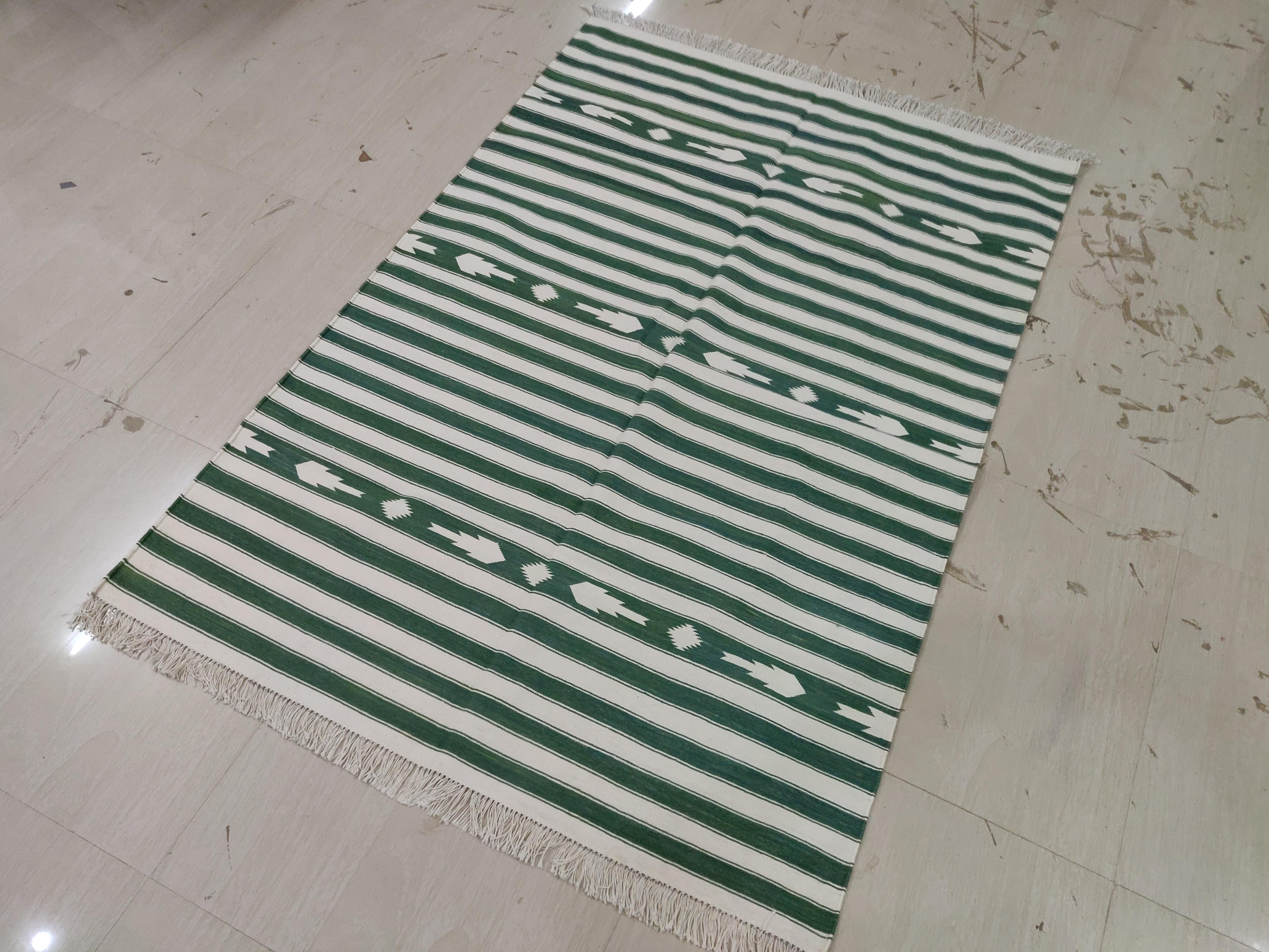 Cotton Vegetable Dyed Forest Green And White Striped Indian Dhurrie Rug-36