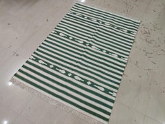 Handmade Cotton Area Flat Weave Rug, 3x5 Green And White Striped Indian Dhurrie