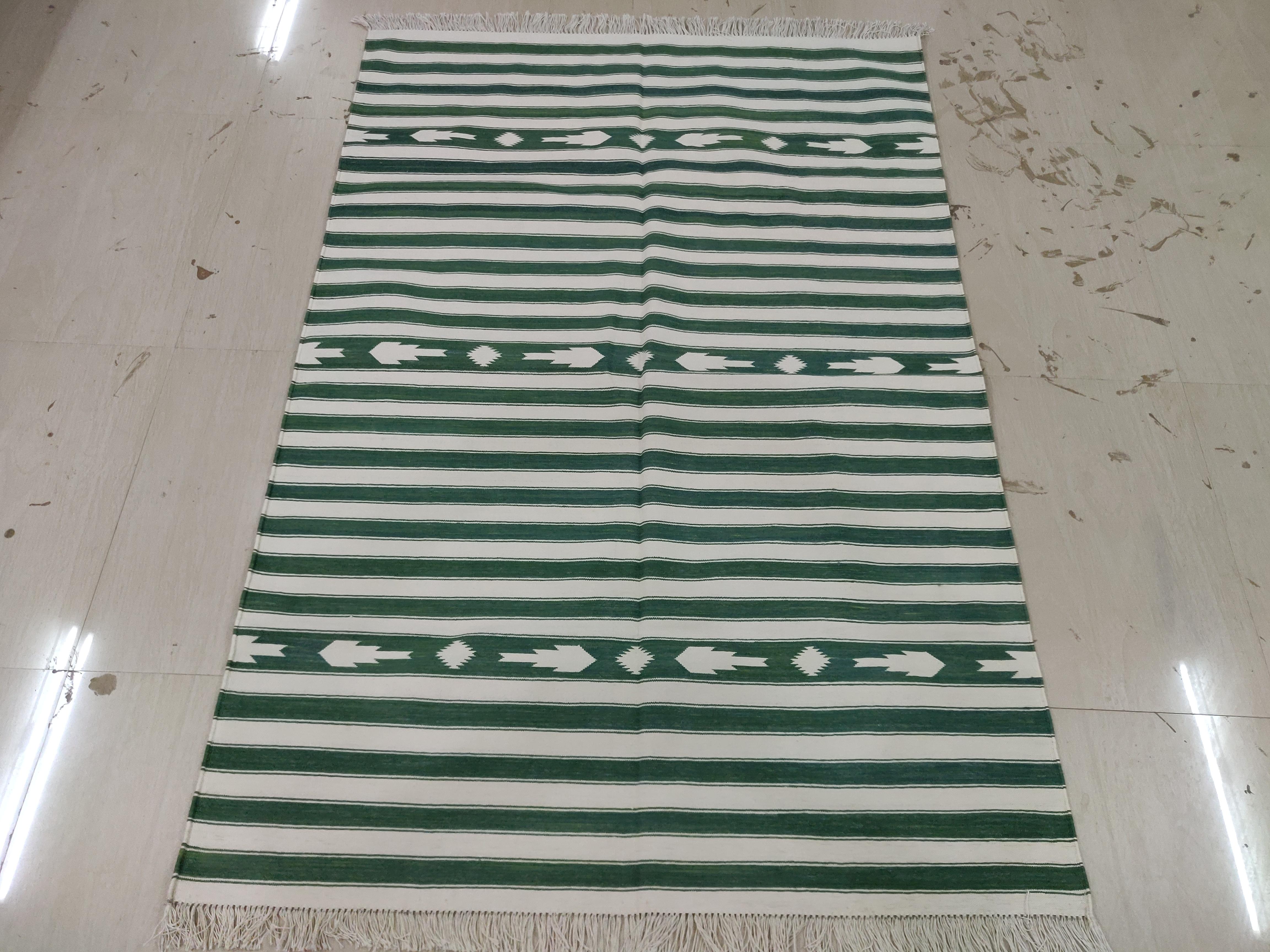 Mid-Century Modern Handmade Cotton Area Flat Weave Rug, 3x5 Green And White Striped Indian Dhurrie For Sale