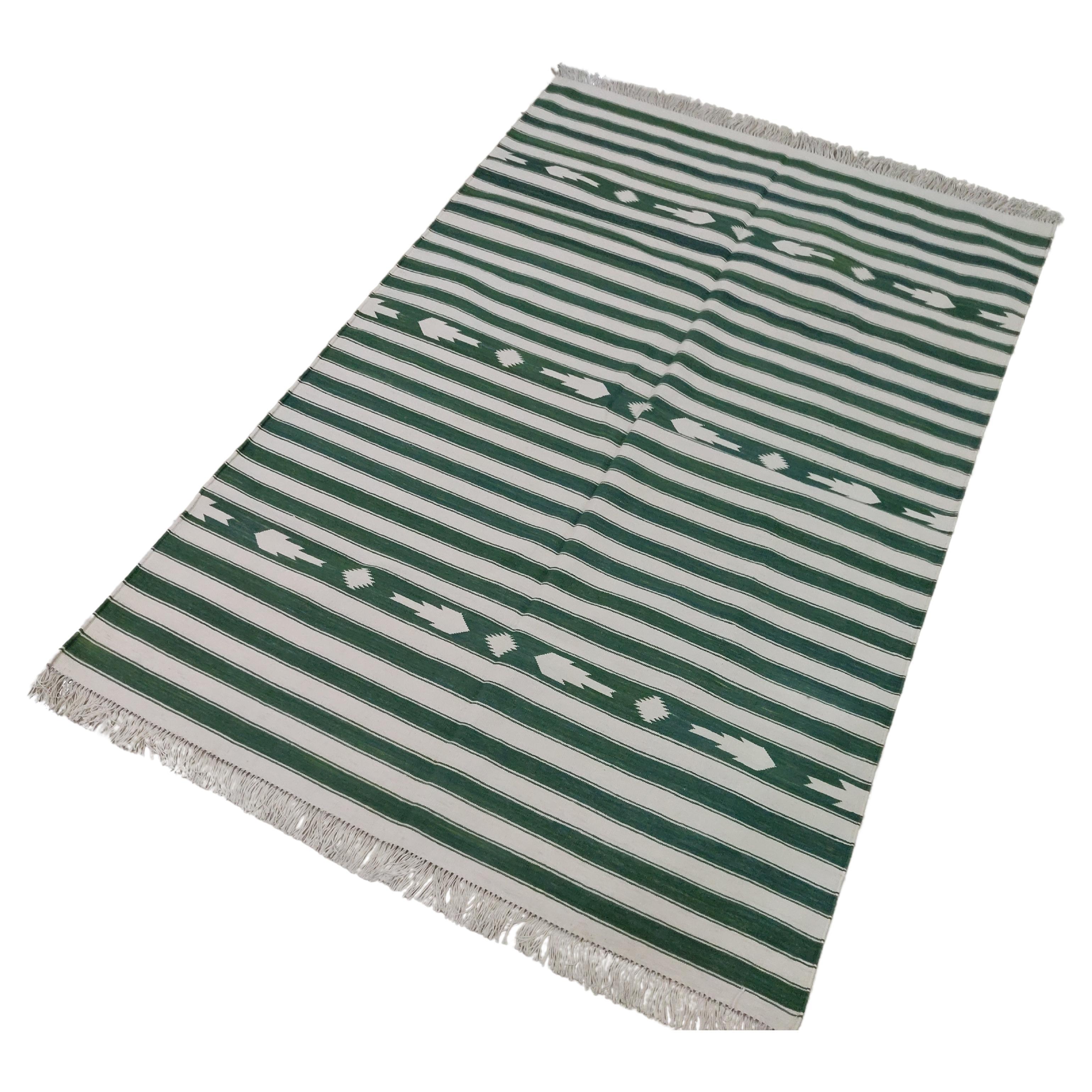 Handmade Cotton Area Flat Weave Rug, 3x5 Green And White Striped Indian Dhurrie For Sale