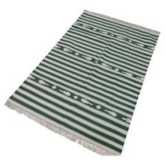 Handmade Cotton Area Flat Weave Rug, 3x5 Green And White Striped Indian Dhurrie