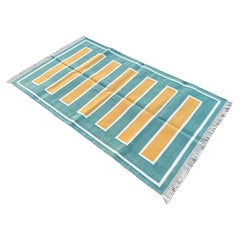 Handmade Cotton Area Flat Weave Rug, 3x5 Green And Yellow Striped Indian Dhurrie