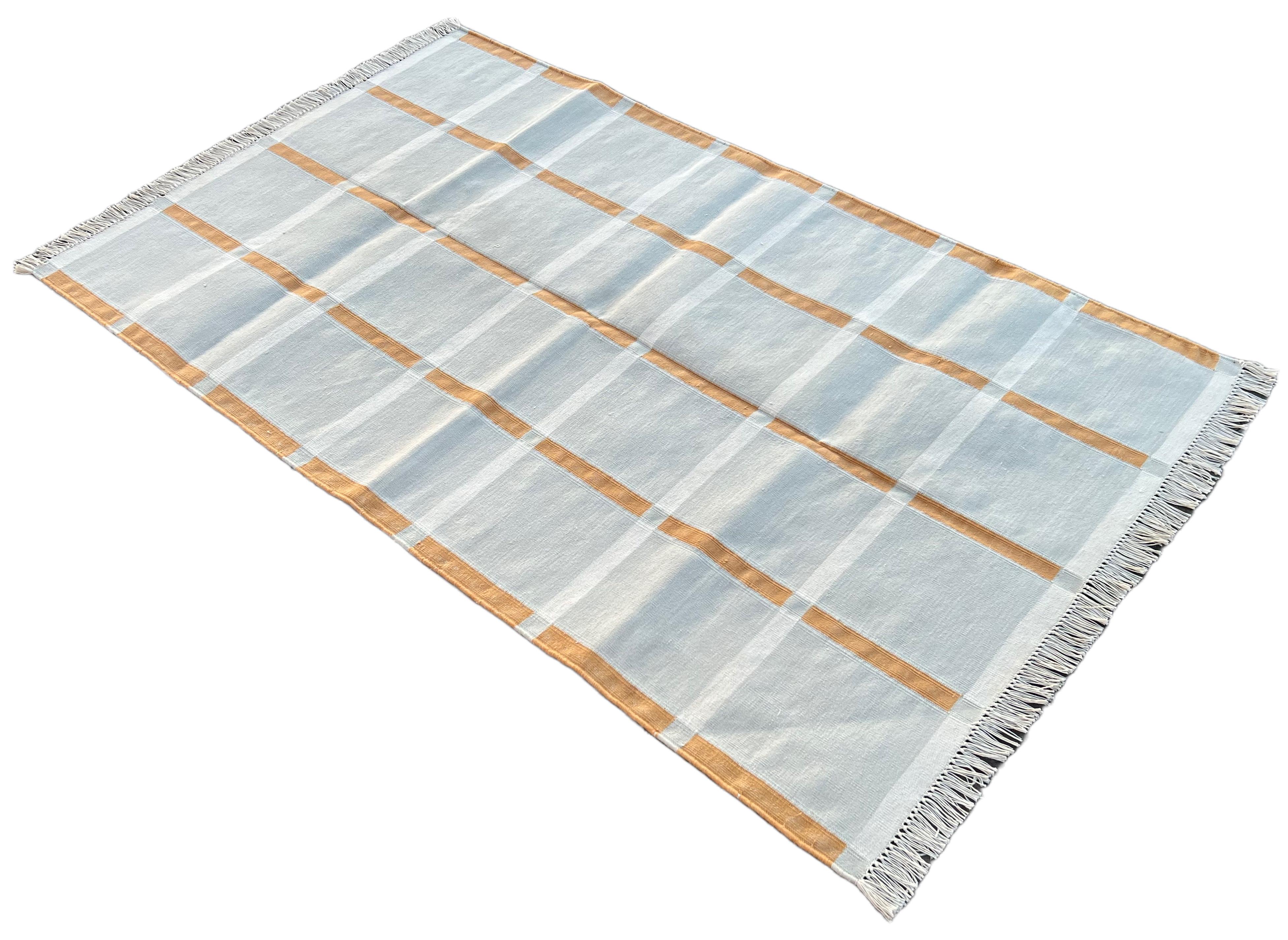 Alfombra de Algodón Hecha a Mano, 3x5 Cuadros Grises y Naranjas Dhurrie India en venta 4