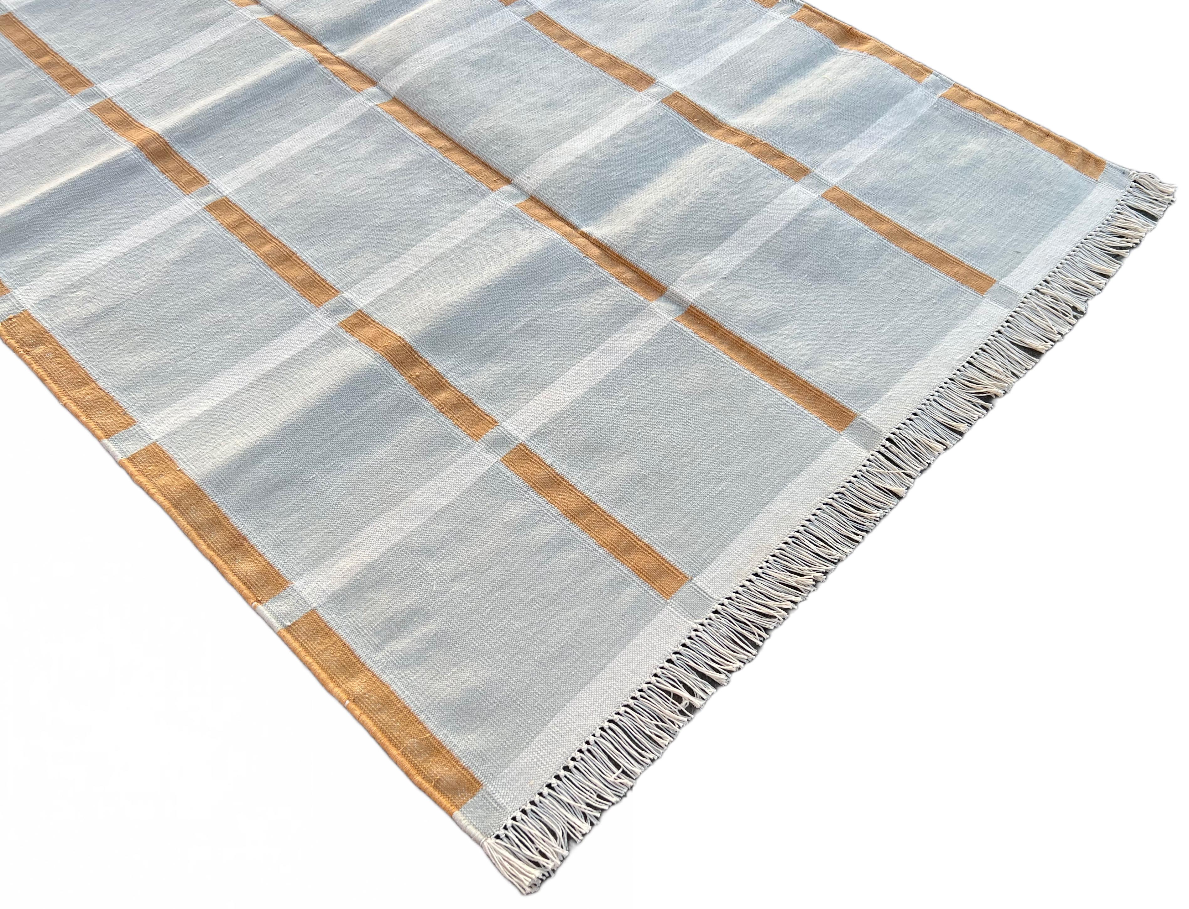Alfombra de Algodón Hecha a Mano, 3x5 Cuadros Grises y Naranjas Dhurrie India Indio en venta
