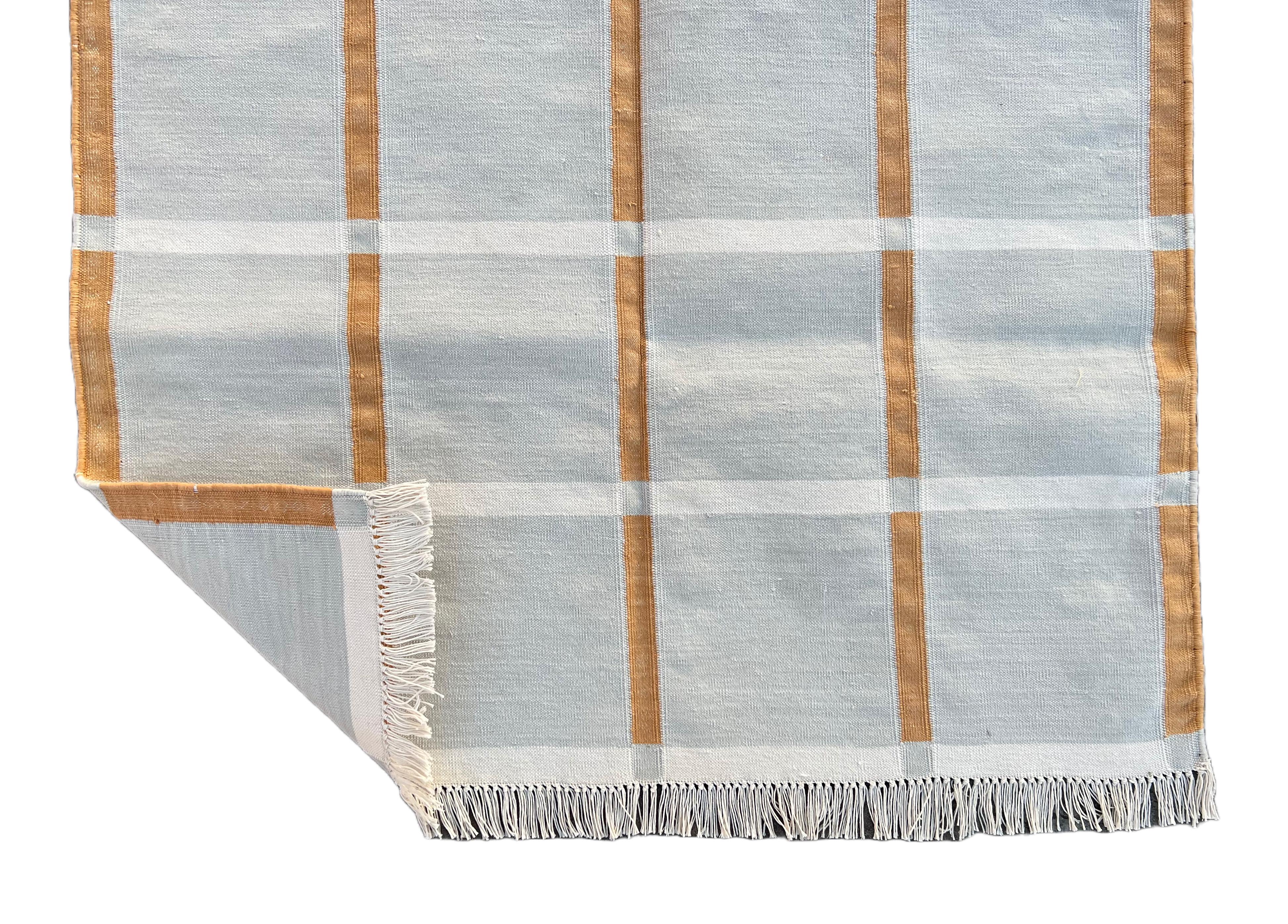 Alfombra de Algodón Hecha a Mano, 3x5 Cuadros Grises y Naranjas Dhurrie India Siglo XXI y contemporáneo en venta
