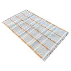 Handgefertigter Flachgewebe-Teppich aus Baumwolle, 3x5 Grau und Orange karierter indischer Dhurrie