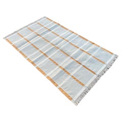 Tappeto a tessitura piatta in cotone fatto a mano, 3x5 grigio e arancione a quadri indiani Dhurrie