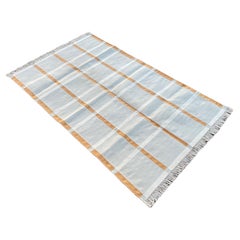 Handmade Cotton Area Flat Weave Rug, 3x5 Grey And Orange Checked Indian Dhurrie