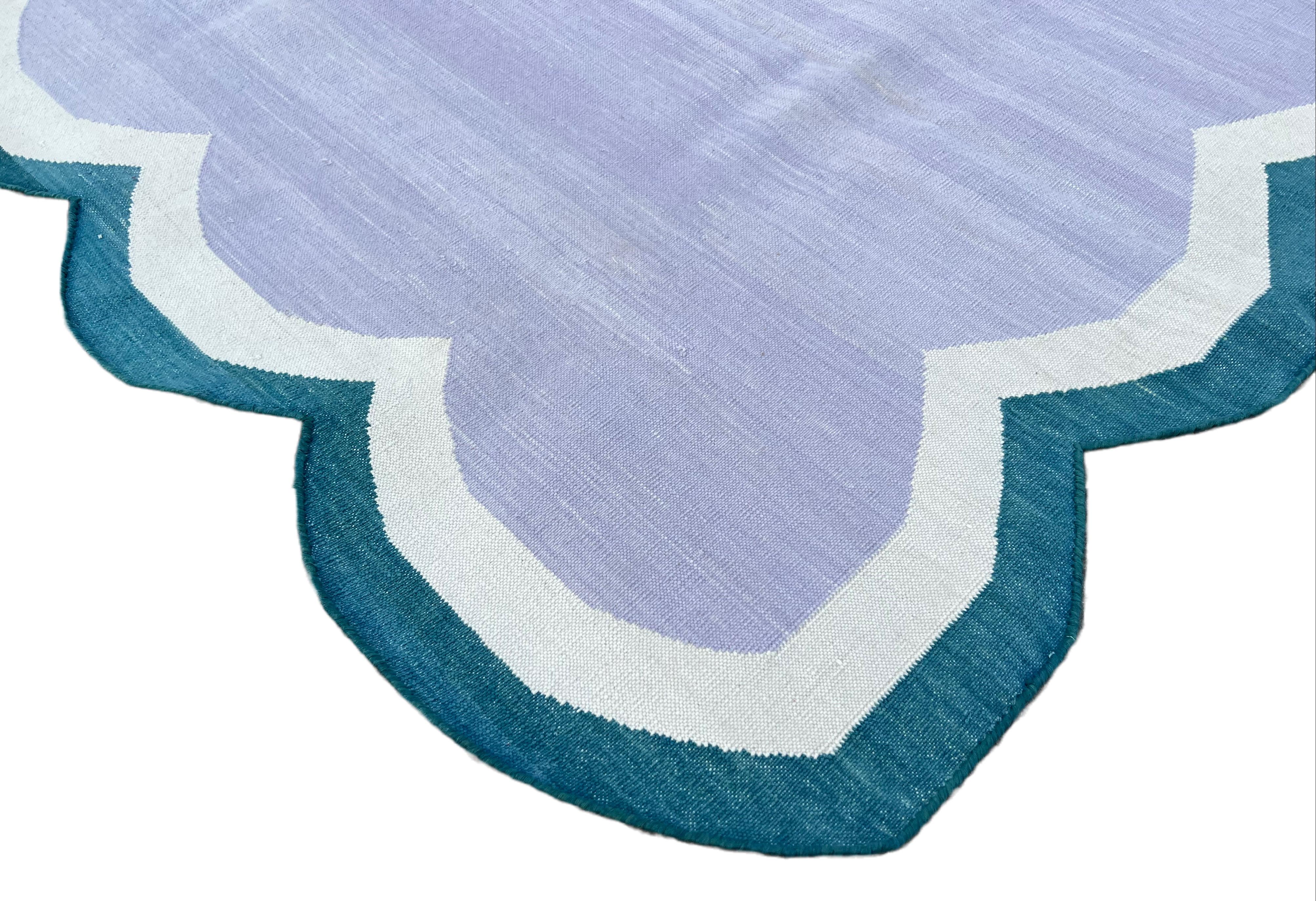Mid-Century Modern Handmade Cotton Area Flat Weave Rug, 3x5 Lavender And Blue Scallop Kilim Dhurrie For Sale
