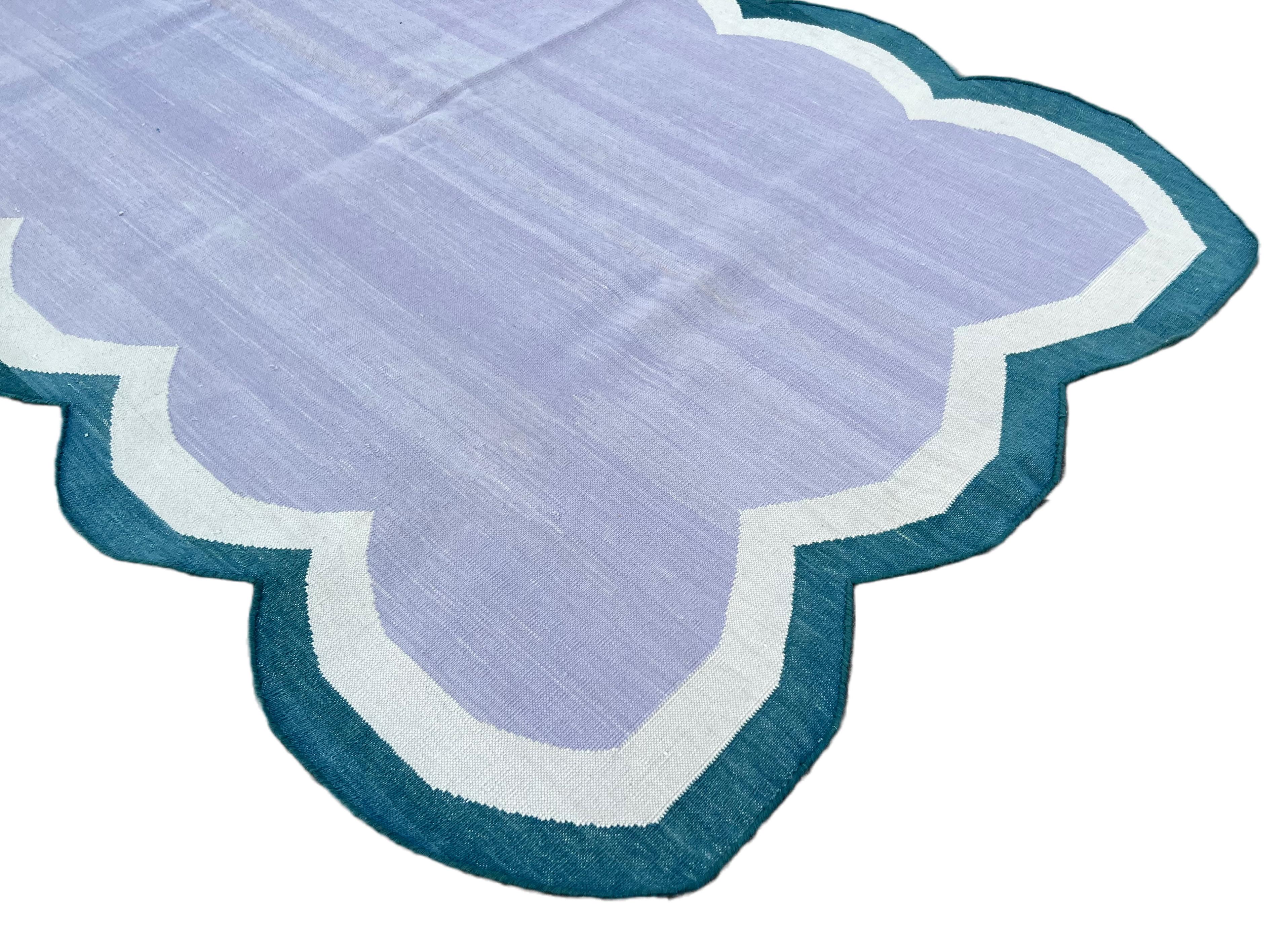 Indian Handmade Cotton Area Flat Weave Rug, 3x5 Lavender And Blue Scallop Kilim Dhurrie For Sale
