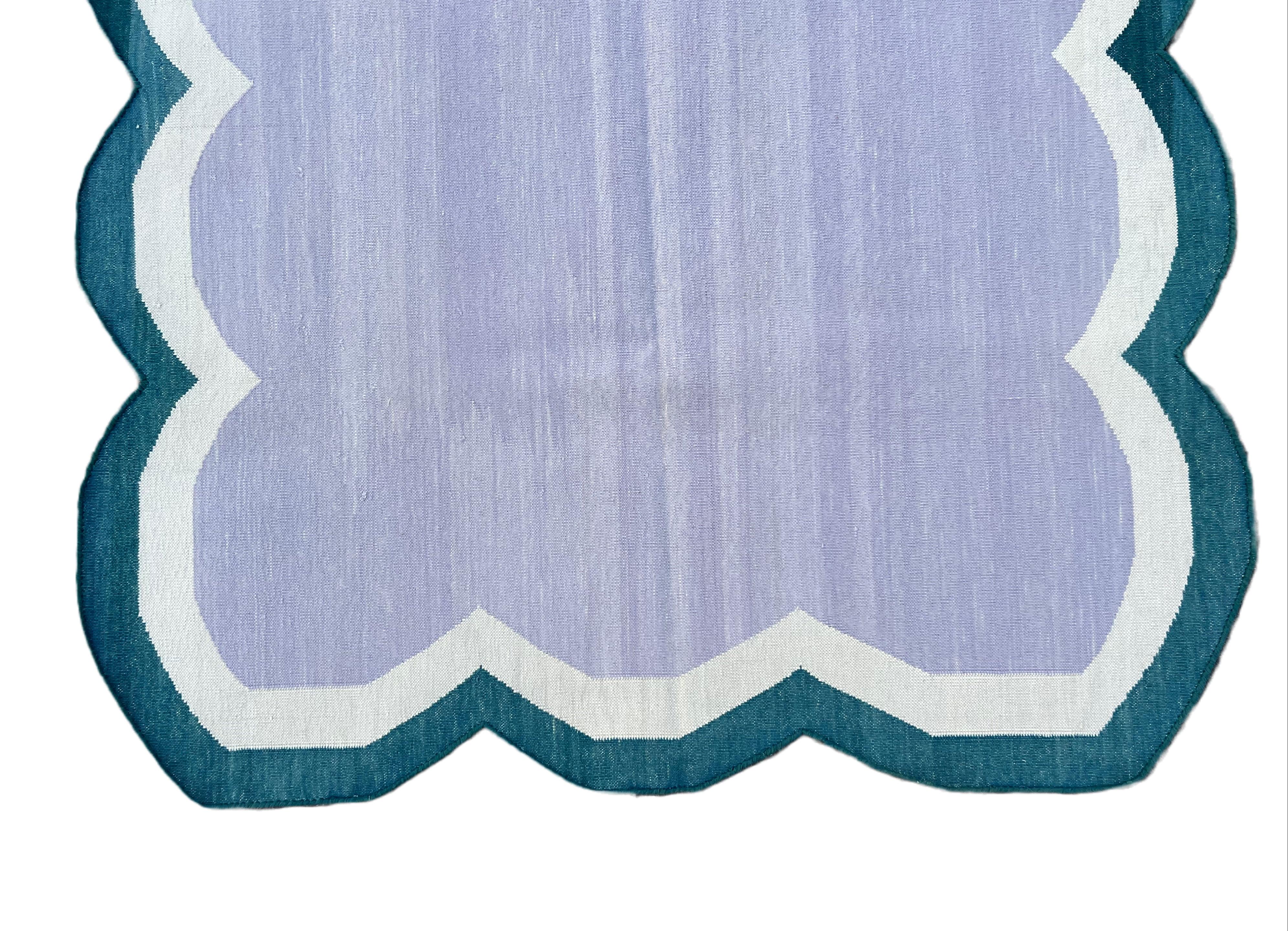Hand-Woven Handmade Cotton Area Flat Weave Rug, 3x5 Lavender And Blue Scallop Kilim Dhurrie For Sale