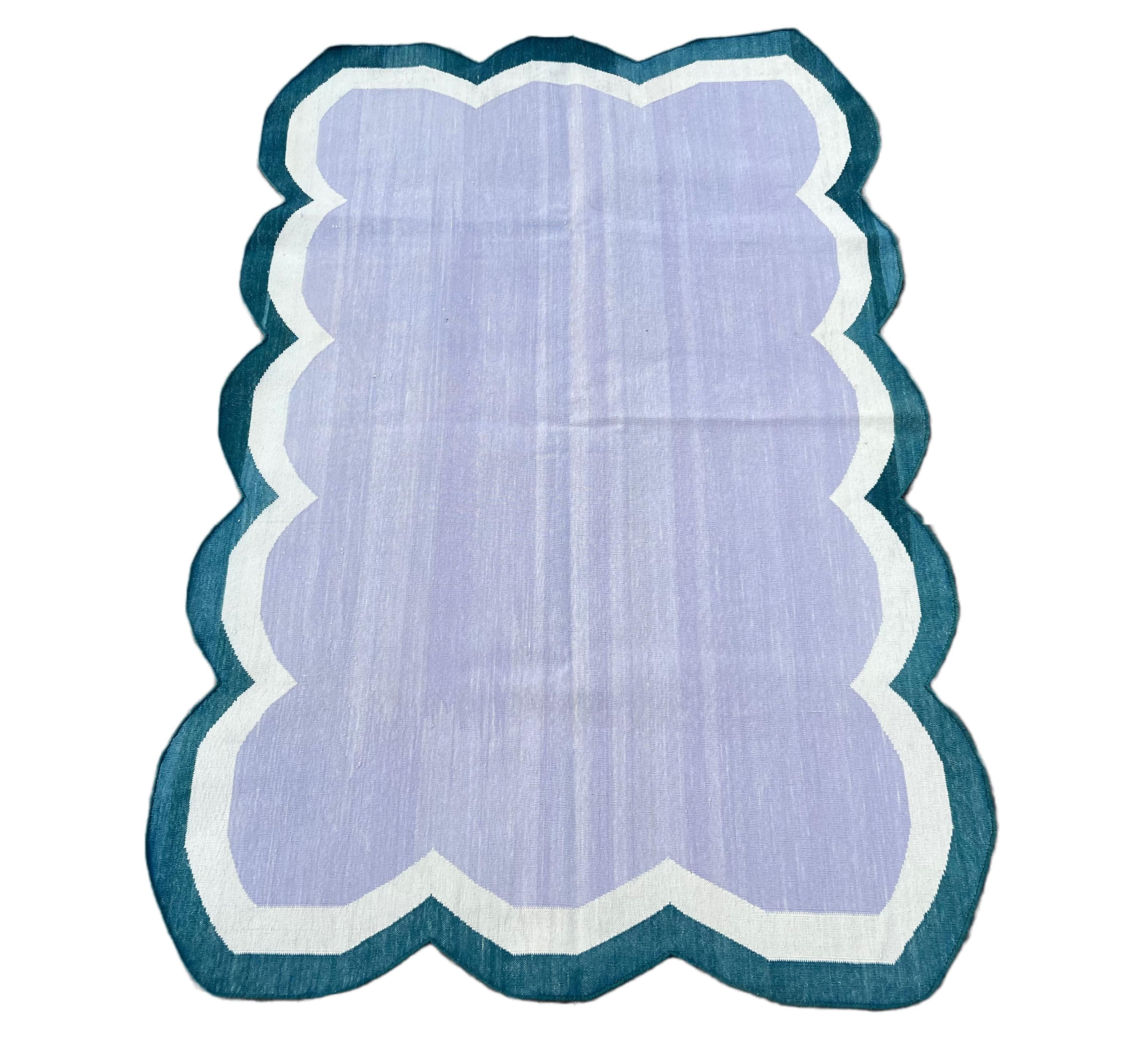 Handmade Cotton Area Flat Weave Rug, 3x5 Lavender And Blue Scallop Kilim Dhurrie For Sale 1