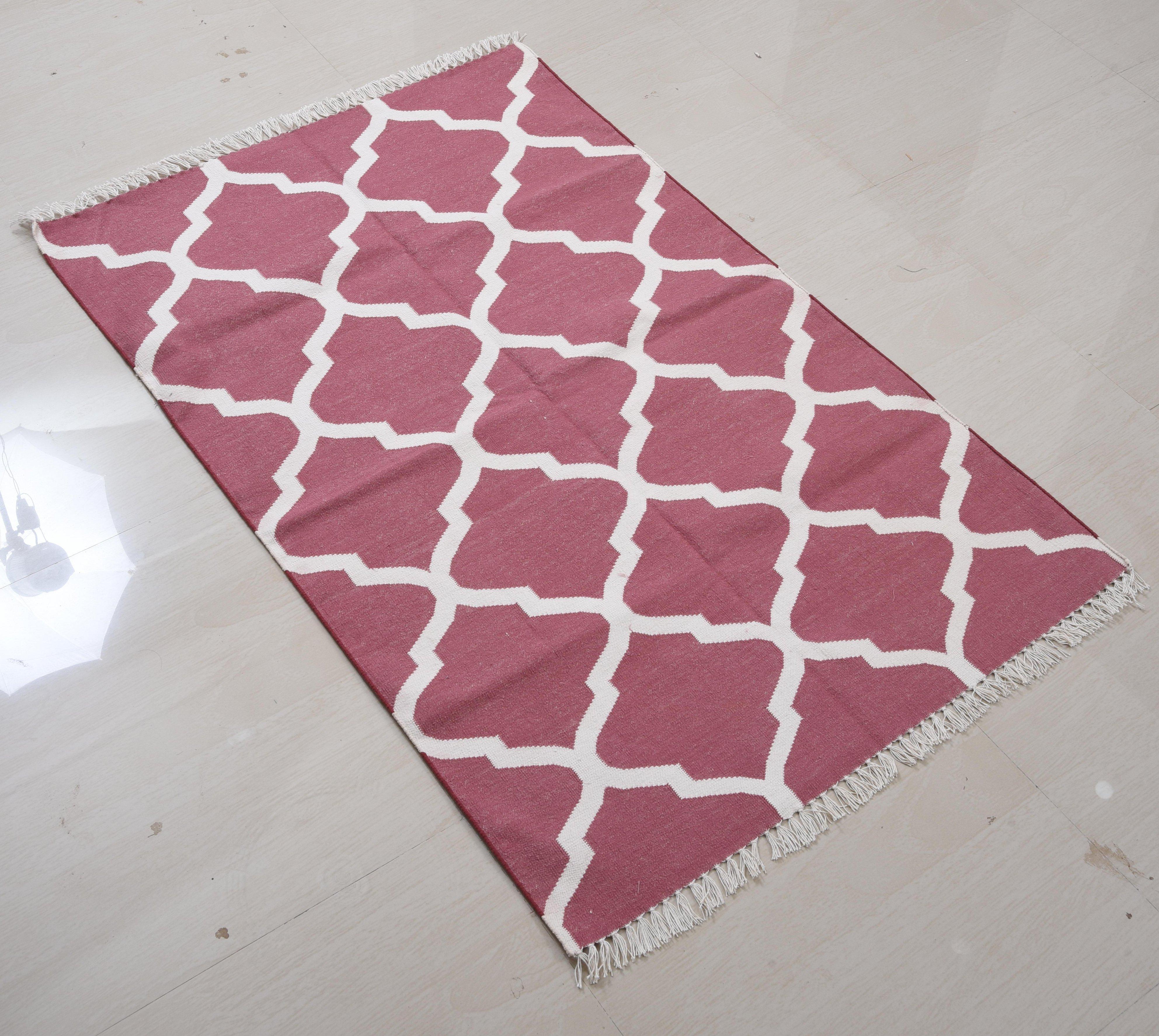 Cotton Vegetable Dyed Maroon And White Geometric Indian Dhurrie Rug-36