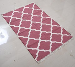 Handmade Cotton Area Flat Weave Rug, 3x5 Maroon, White Geometric Indian Dhurrie