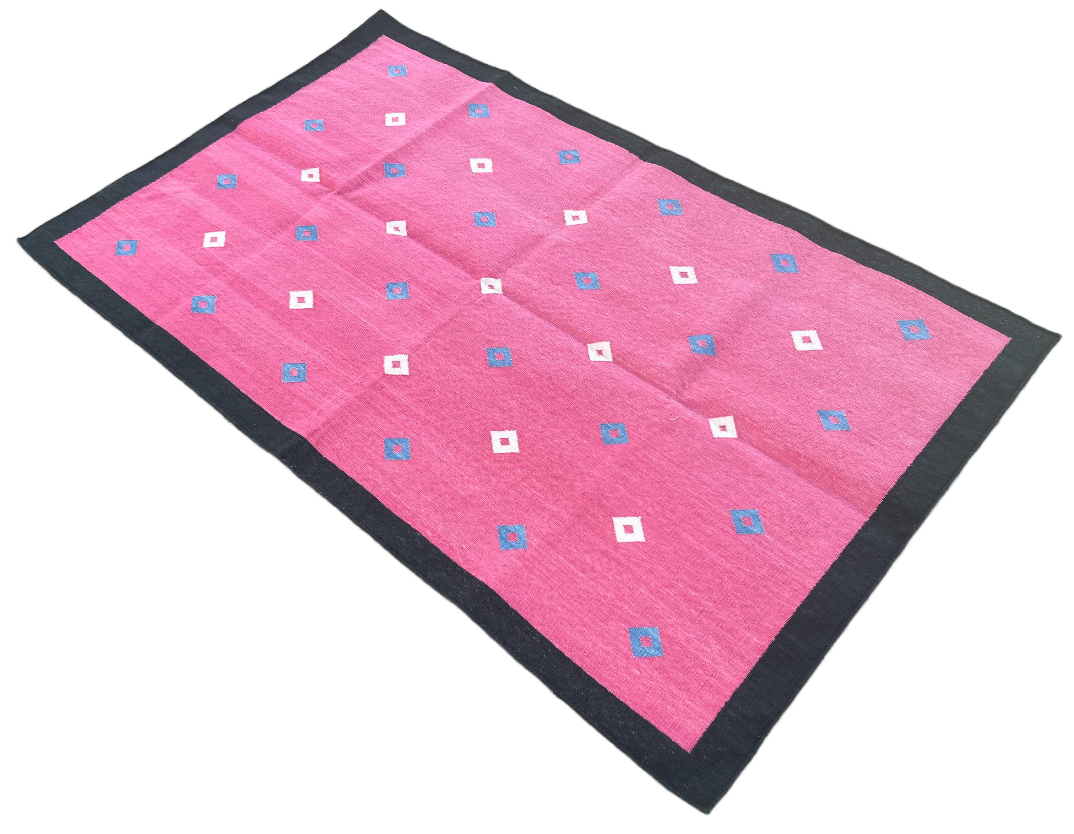 Cotton Vegetable Dyed Pink And Black Diamond Indian Dhurrie Rug-3'x5' 
These special flat-weave dhurries are hand-woven with 15 ply 100% cotton yarn. Due to the special manufacturing techniques used to create our rugs, the size and color of each
