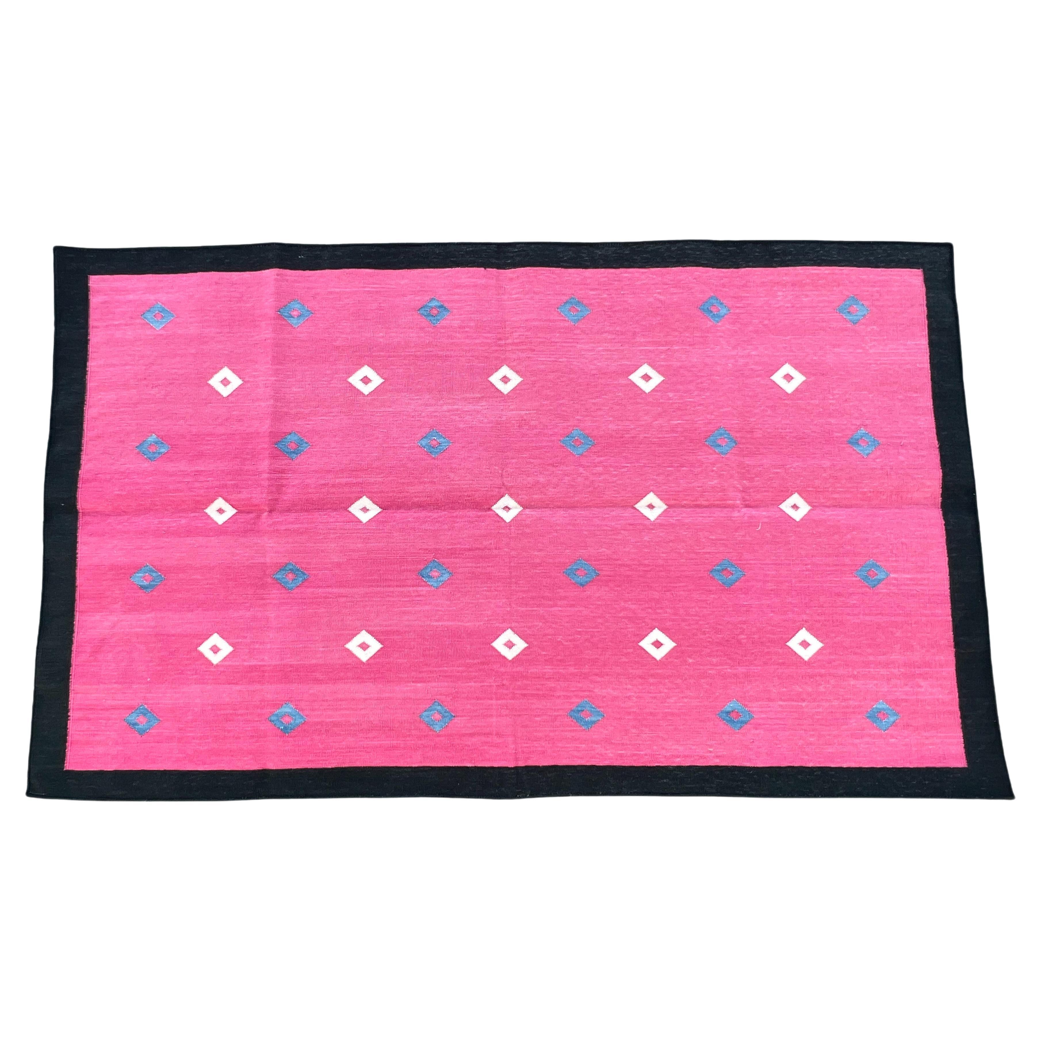 Handmade Cotton Area Flat Weave Rug, 3x5 Pink And Black Diamond Indian Dhurrie For Sale