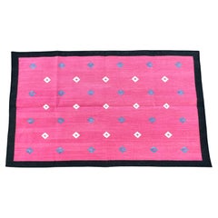 Tapis de sol en coton tissé à plat, 3x5 Diamant indien rose et noir Dhurrie