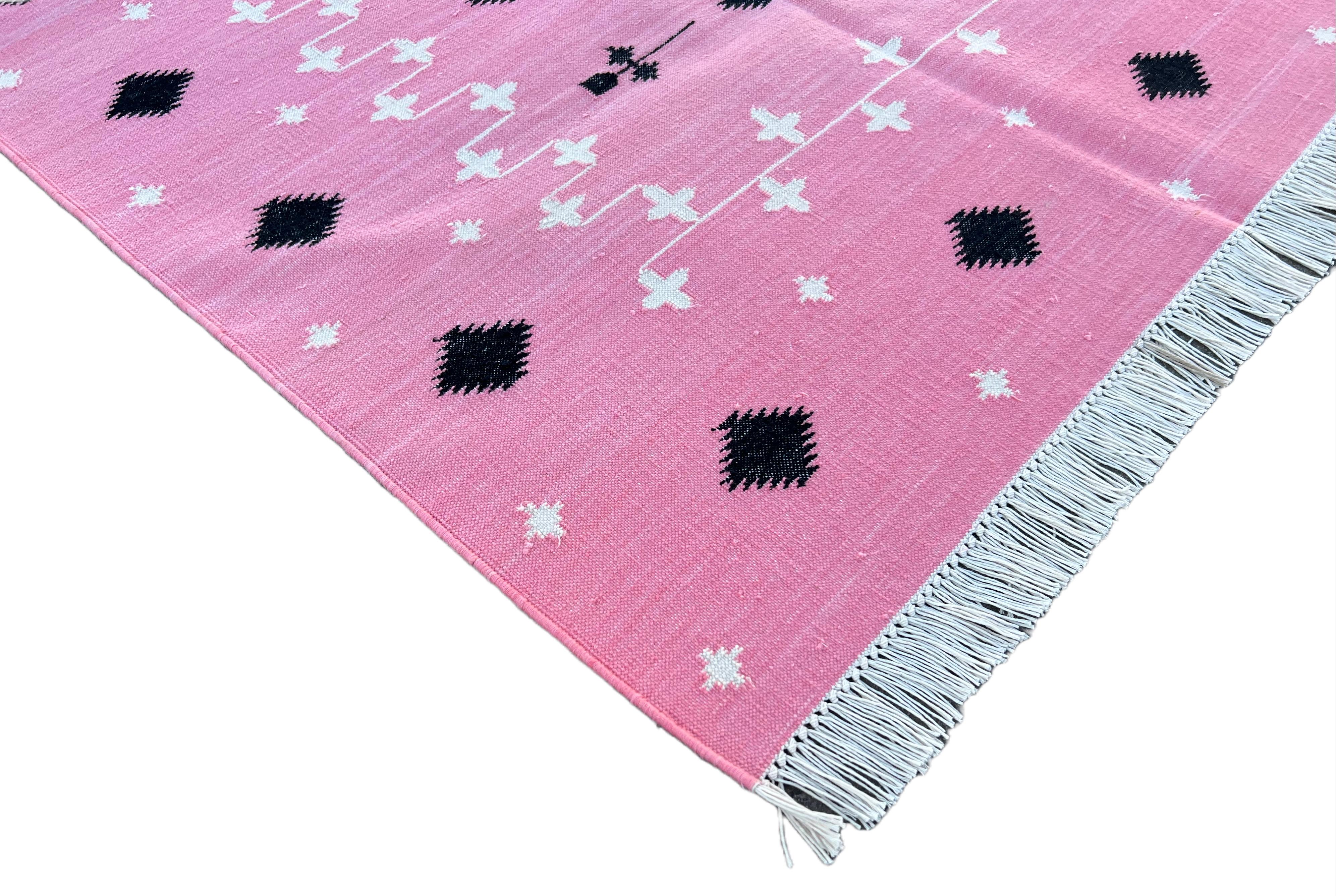 Cotton Vegetable Dyed Pink, Black And White Shooting Star Indian Dhurrie Rug-36