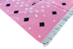Handgefertigter Flachgewebter Baumwollteppich, 3x5 Rosa und Schwarzer Shooting Star Indischer Teppich