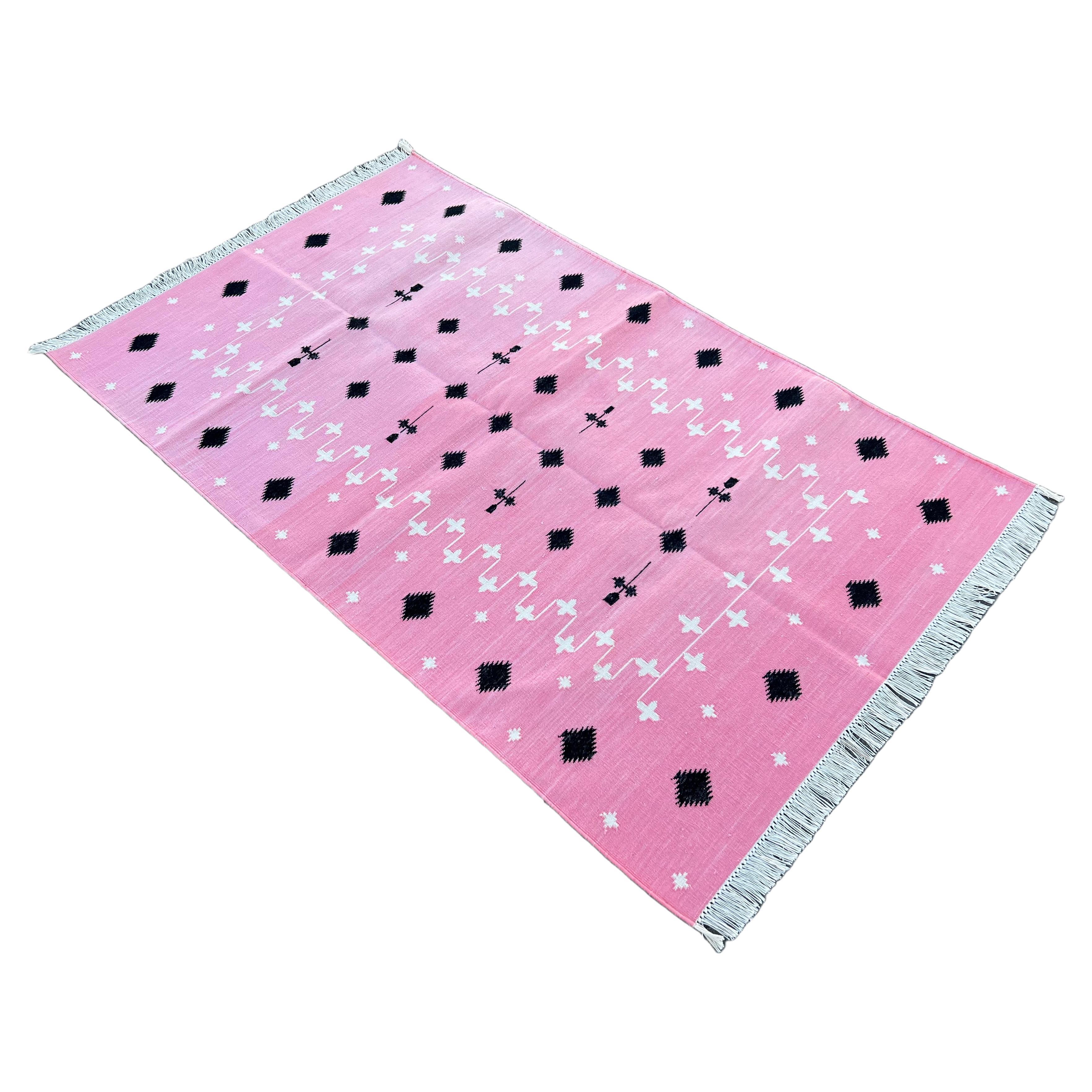 Handmade Cotton Area Flat Weave Rug, 3x5 Pink And Black Shooting Star Indian Rug For Sale