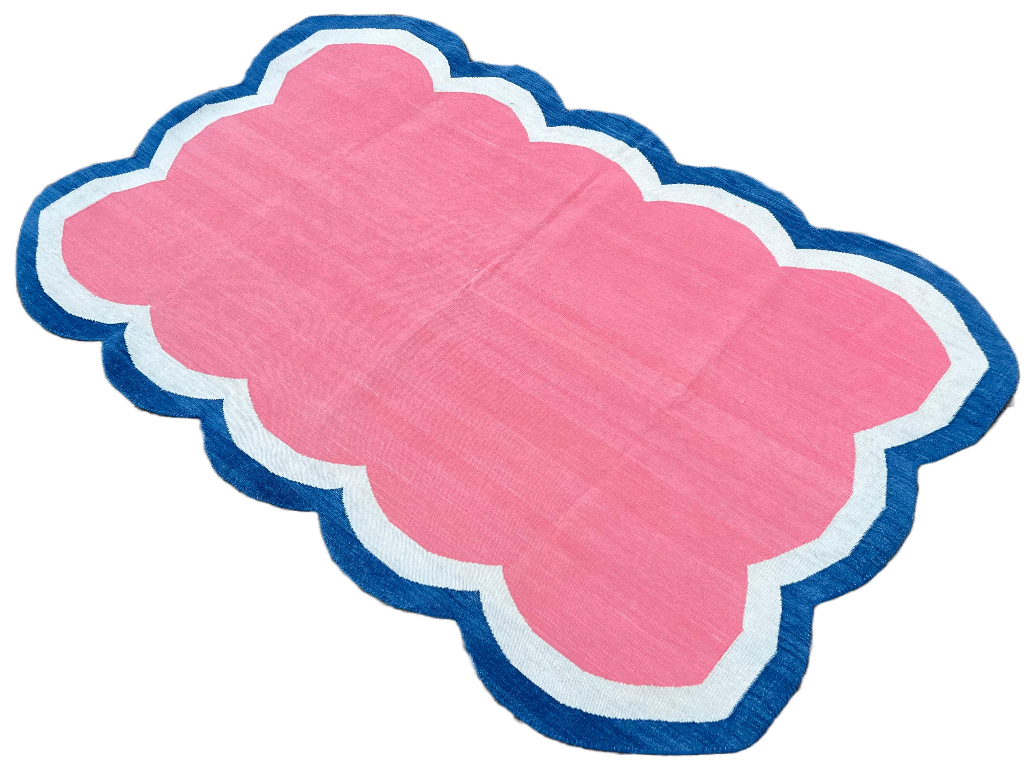Cotton Vegetable Dyed Pink, Cream And Indigo Blue Four Sided Scalloped Rug-3'x5' 
(Scallops runs on all Four Sides)
These special flat-weave dhurries are hand-woven with 15 ply 100% cotton yarn. Due to the special manufacturing techniques used to