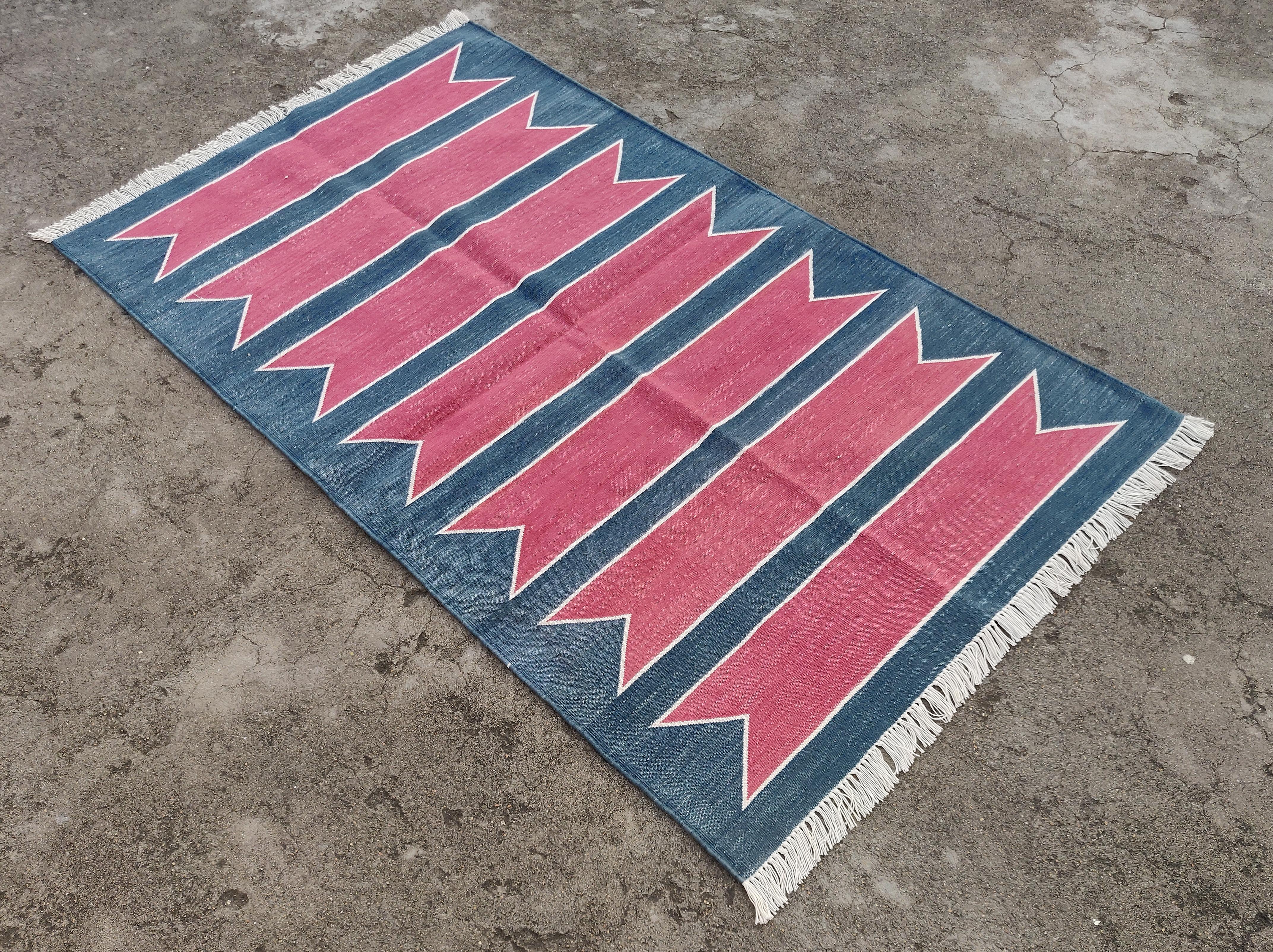 Cotton Vegetable Dyed Raspberry Pink And Blue Zig Zag Striped Indian Dhurrie Rug-36