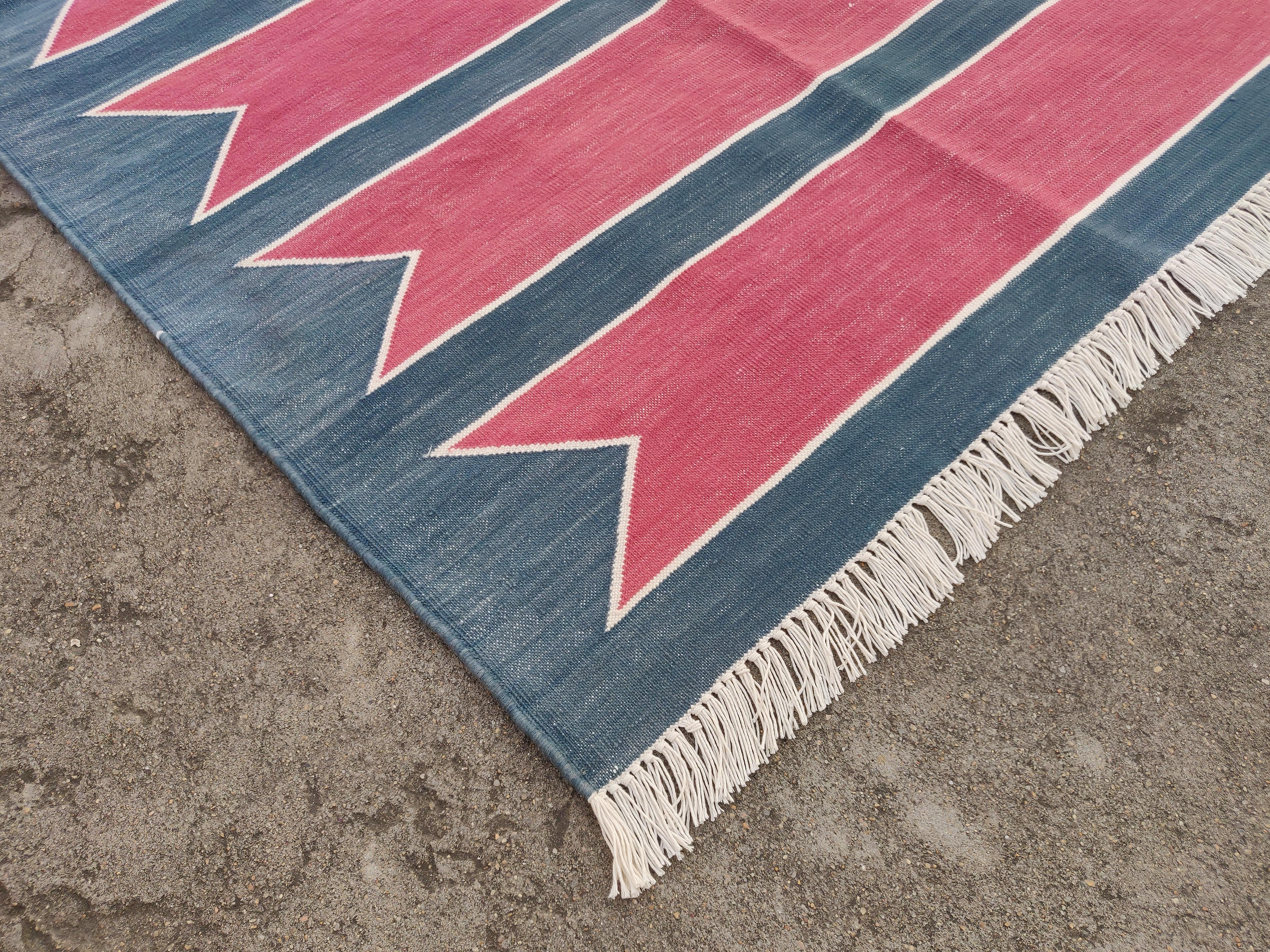Mid-Century Modern Handmade Cotton Area Flat Weave Rug, 3x5 Pink And Blue Striped Indian Dhurrie For Sale