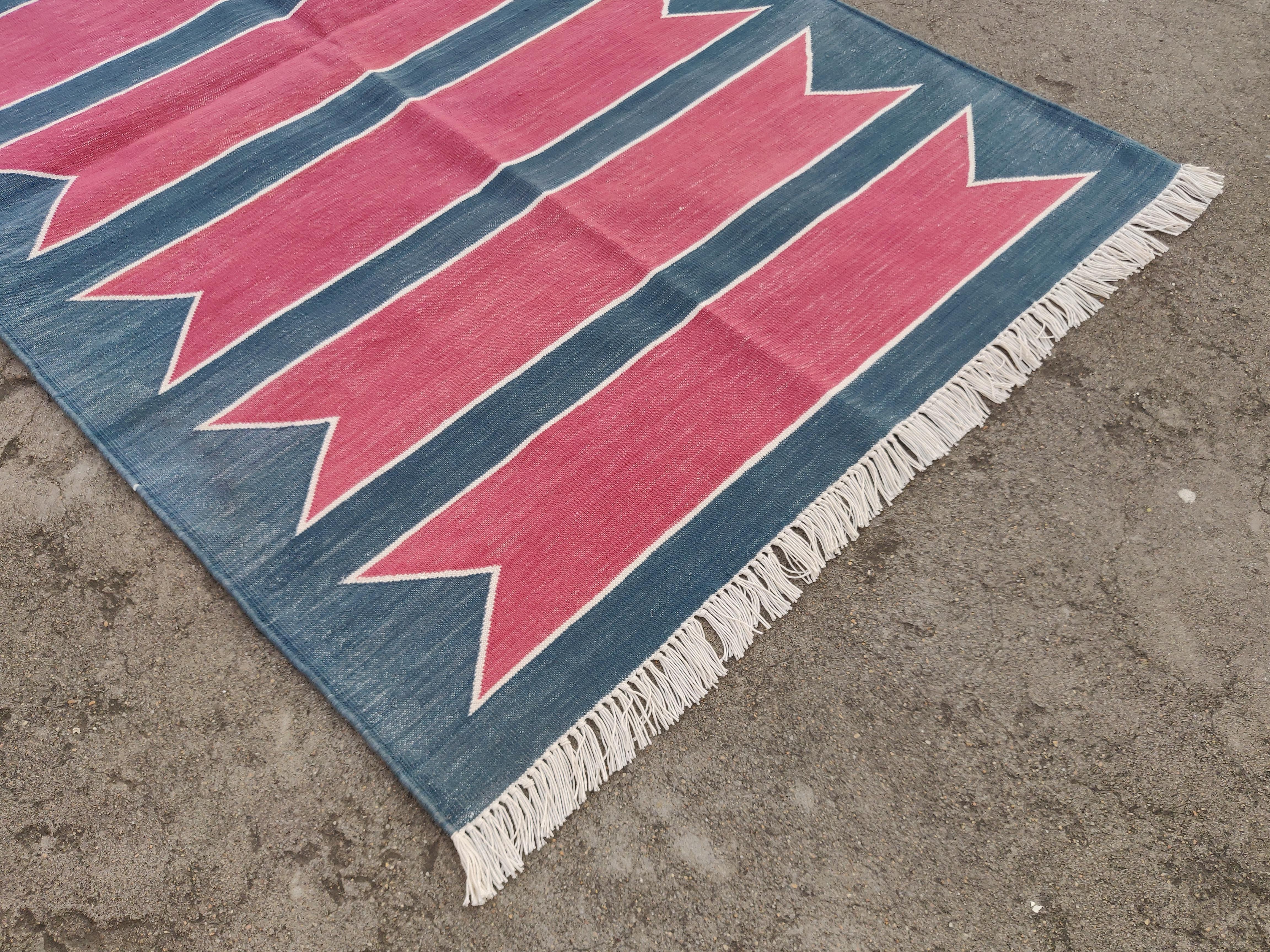 Hand-Woven Handmade Cotton Area Flat Weave Rug, 3x5 Pink And Blue Striped Indian Dhurrie For Sale