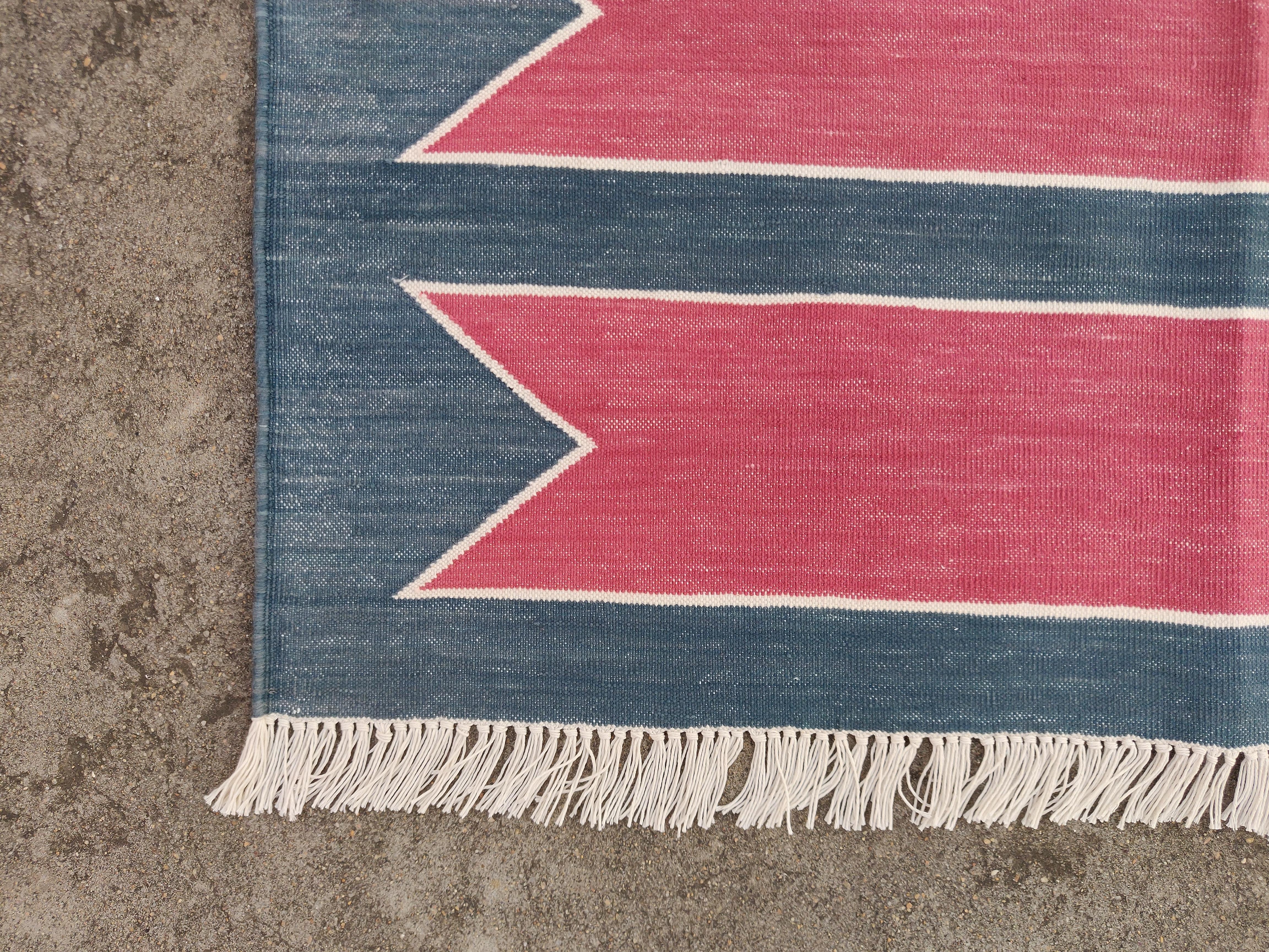 Handmade Cotton Area Flat Weave Rug, 3x5 Pink And Blue Striped Indian Dhurrie For Sale 1