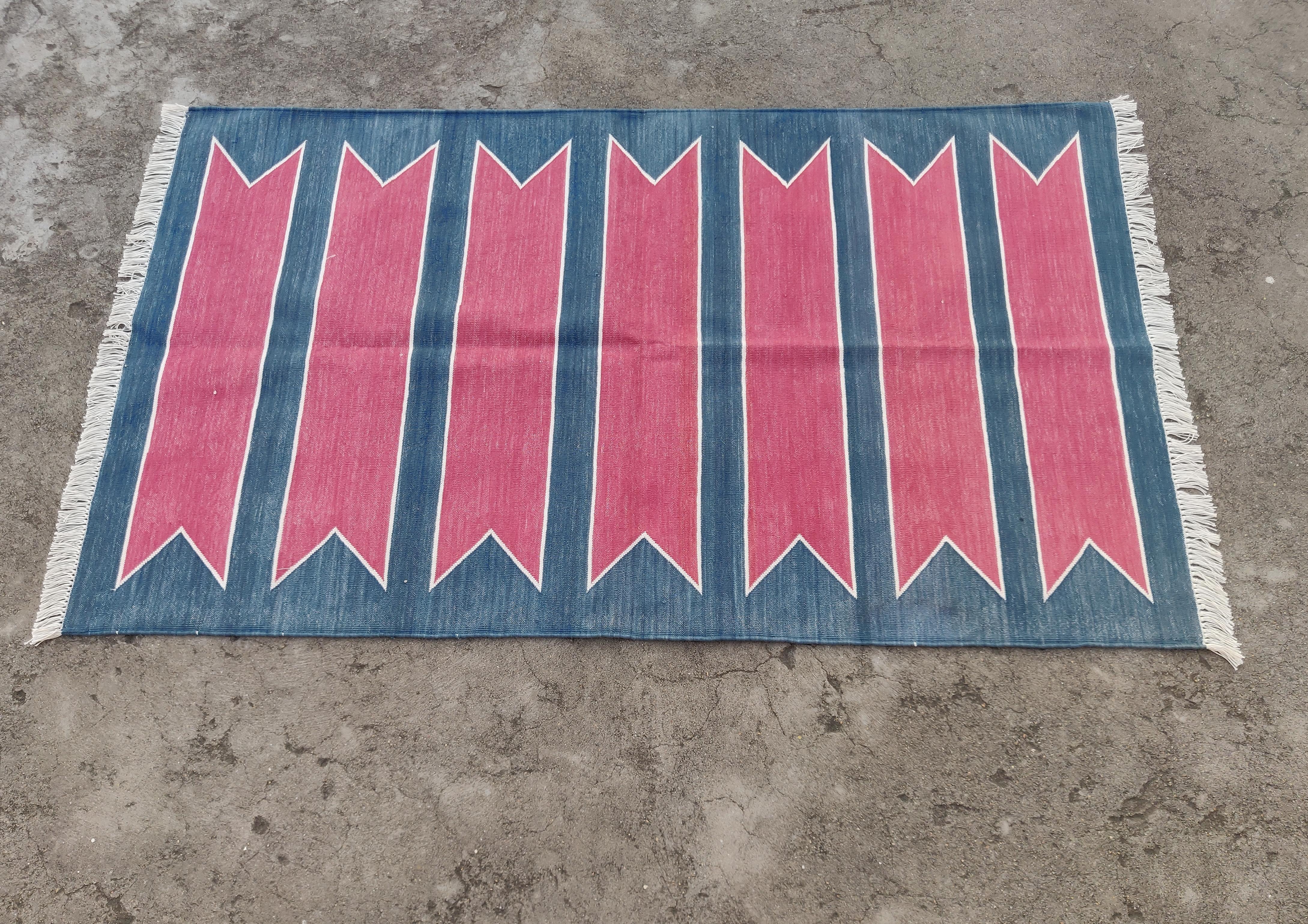 Handmade Cotton Area Flat Weave Rug, 3x5 Pink And Blue Striped Indian Dhurrie For Sale 3