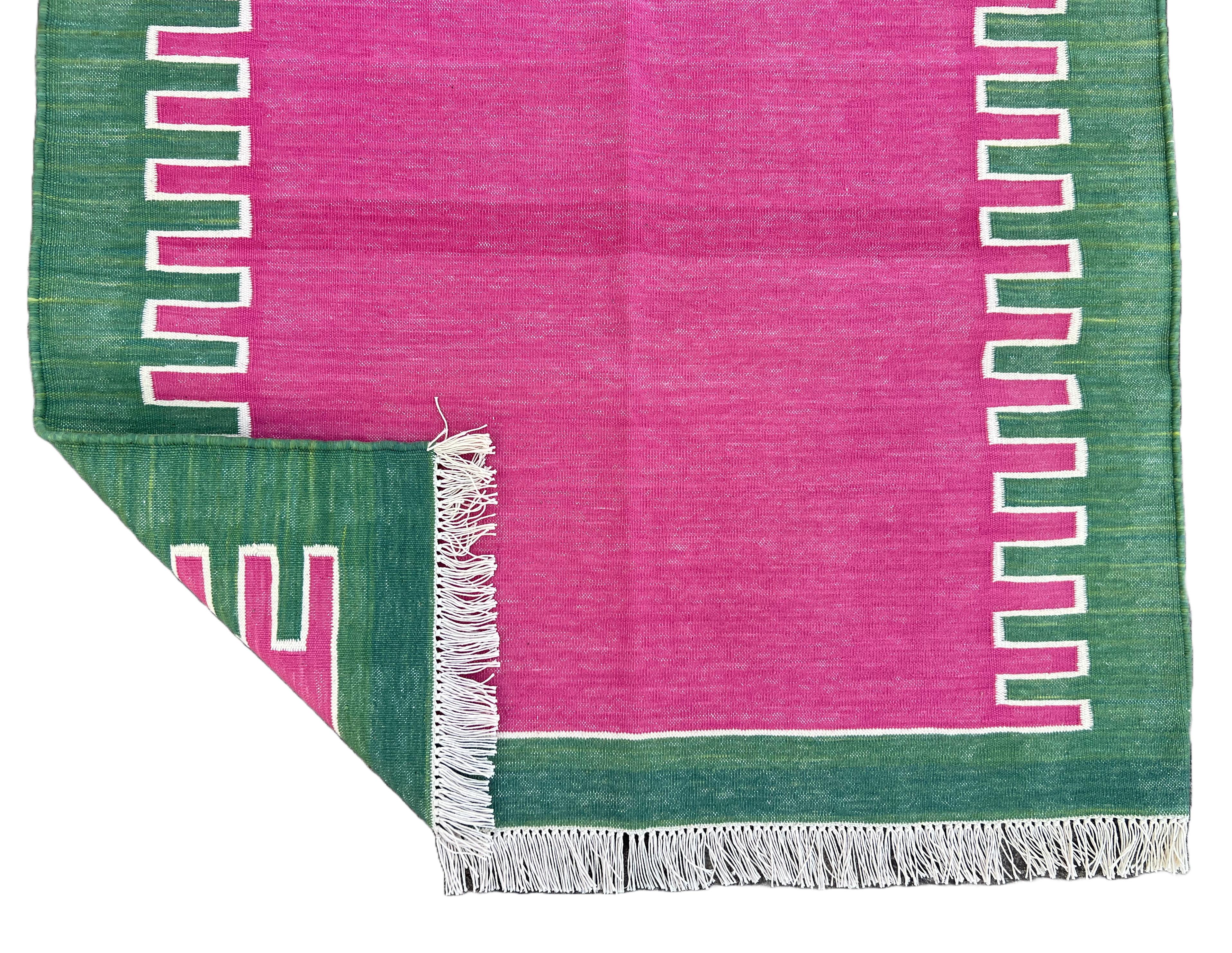 Handmade Cotton Area Flat Weave Rug, 3x5 Pink And Green Striped Indian Dhurrie For Sale 4