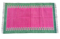 Handmade Cotton Area Flat Weave Rug, 3x5 Pink And Green Striped Indian Dhurrie