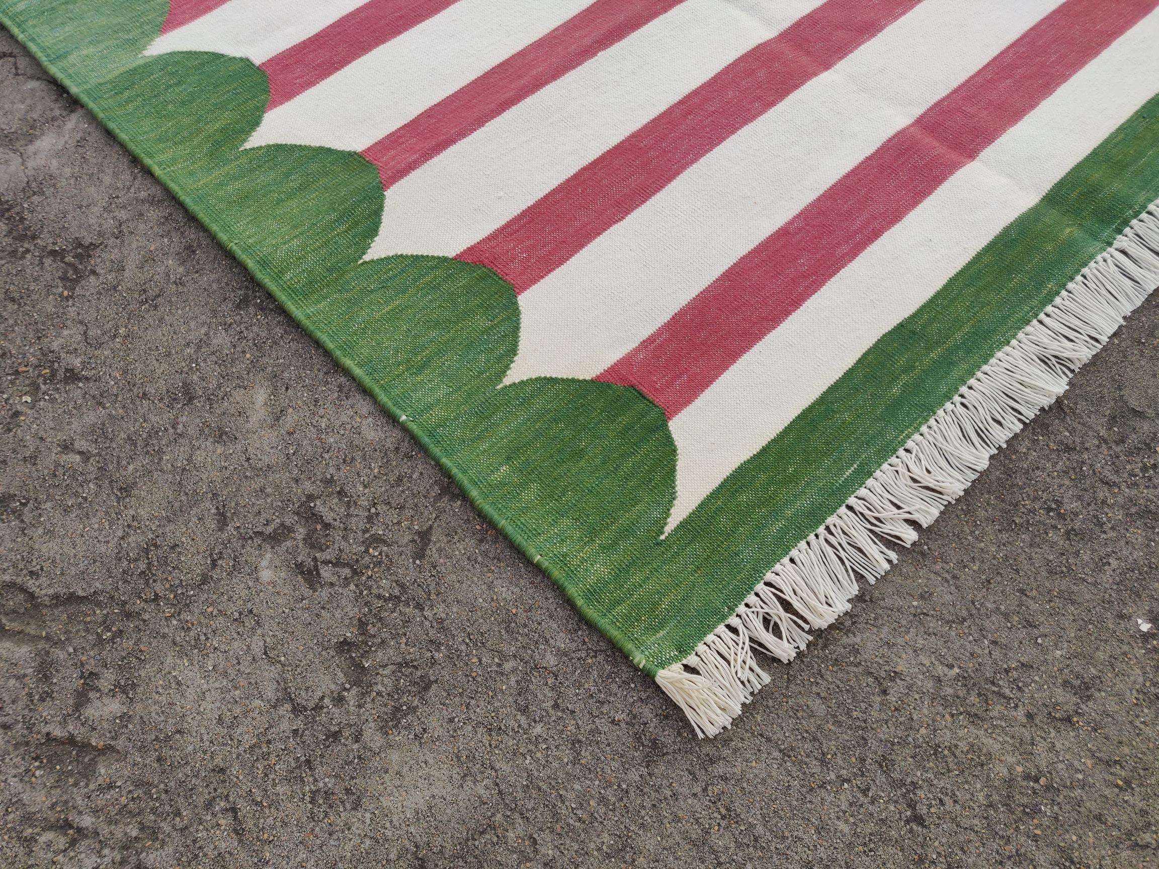 Mid-Century Modern Handmade Cotton Area Flat Weave Rug, 3x5 Pink And Green Striped Indian Dhurrie For Sale