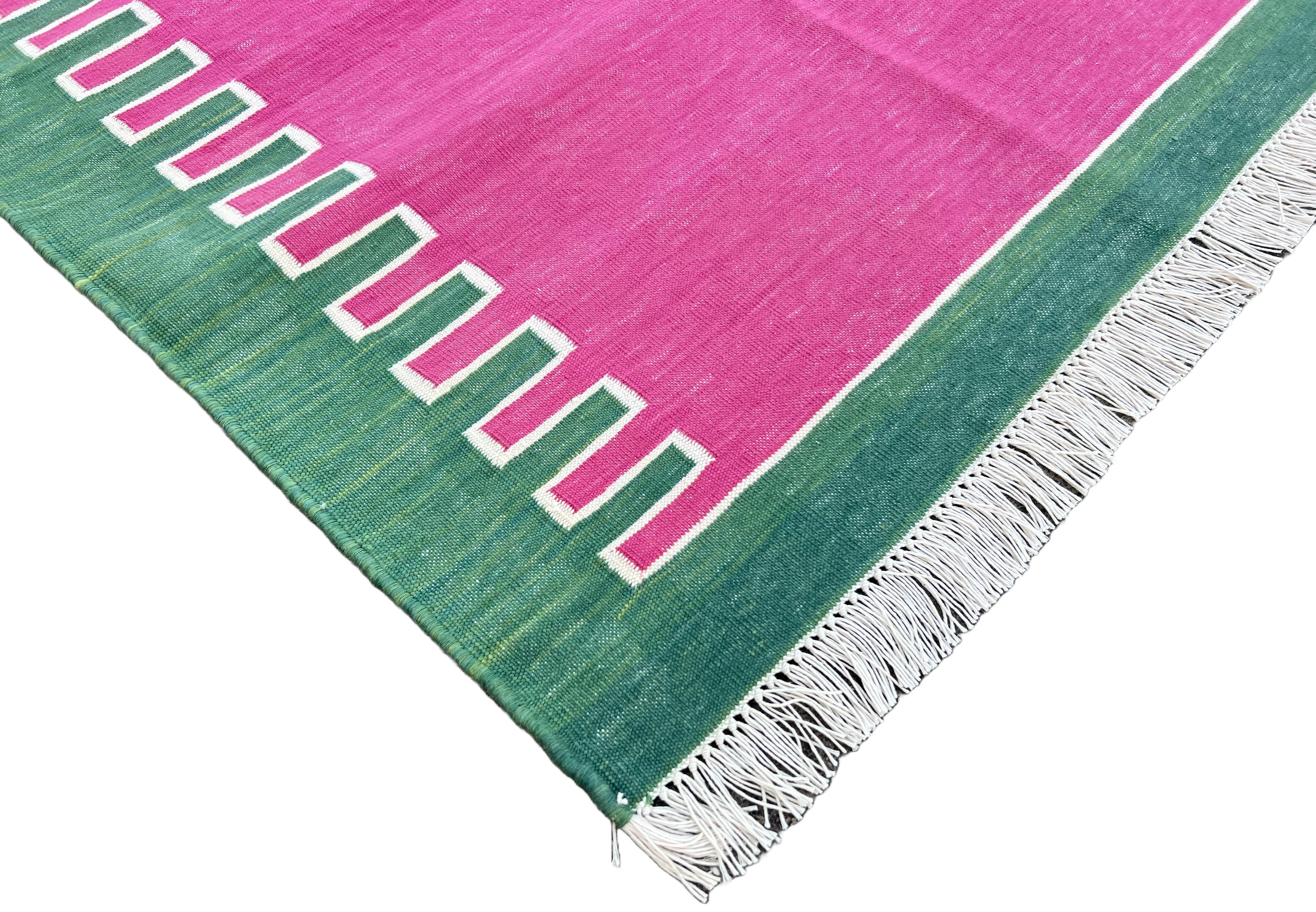 Mid-Century Modern Handmade Cotton Area Flat Weave Rug, 3x5 Pink And Green Striped Indian Dhurrie For Sale