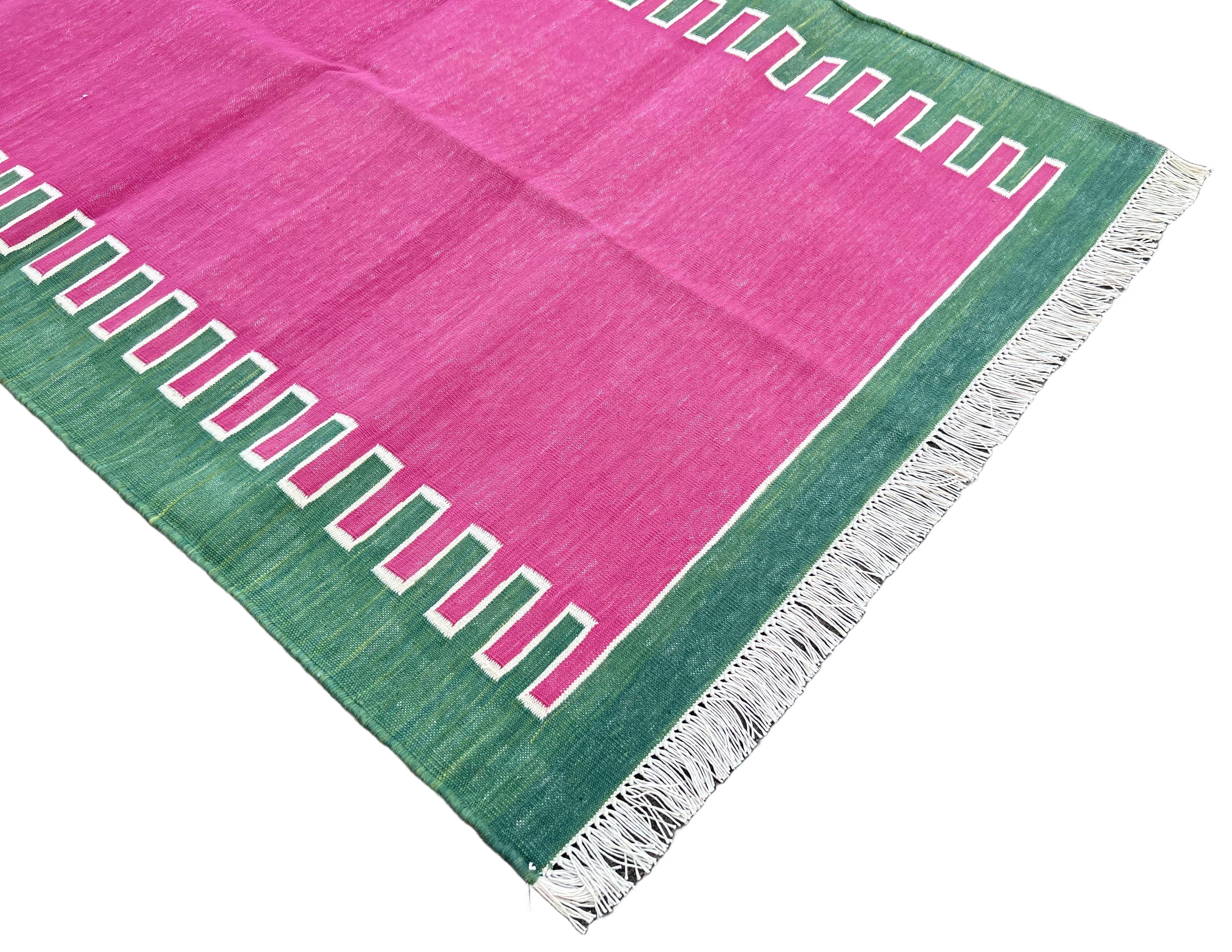 Hand-Woven Handmade Cotton Area Flat Weave Rug, 3x5 Pink And Green Striped Indian Dhurrie For Sale