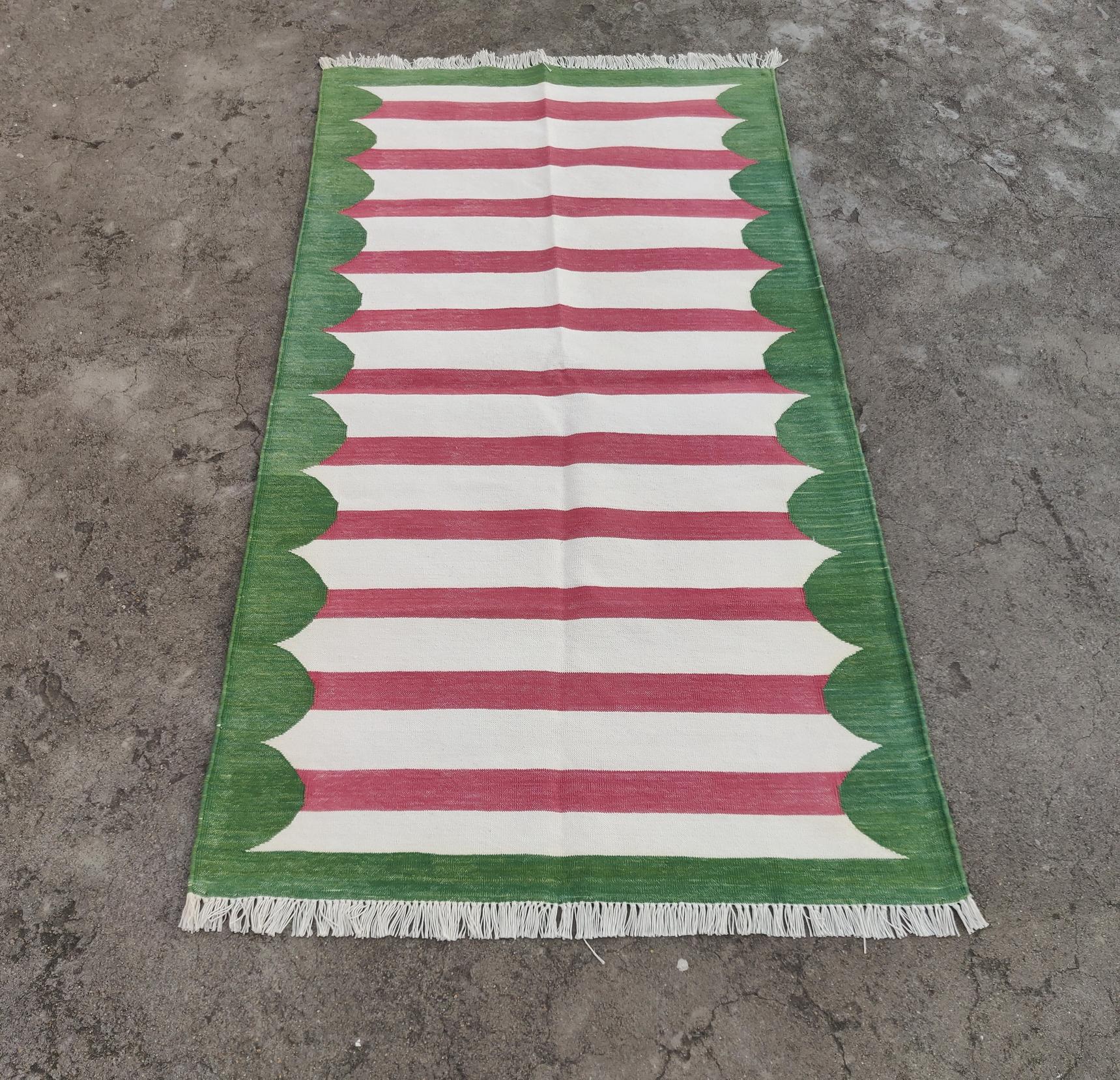 Contemporary Handmade Cotton Area Flat Weave Rug, 3x5 Pink And Green Striped Indian Dhurrie For Sale