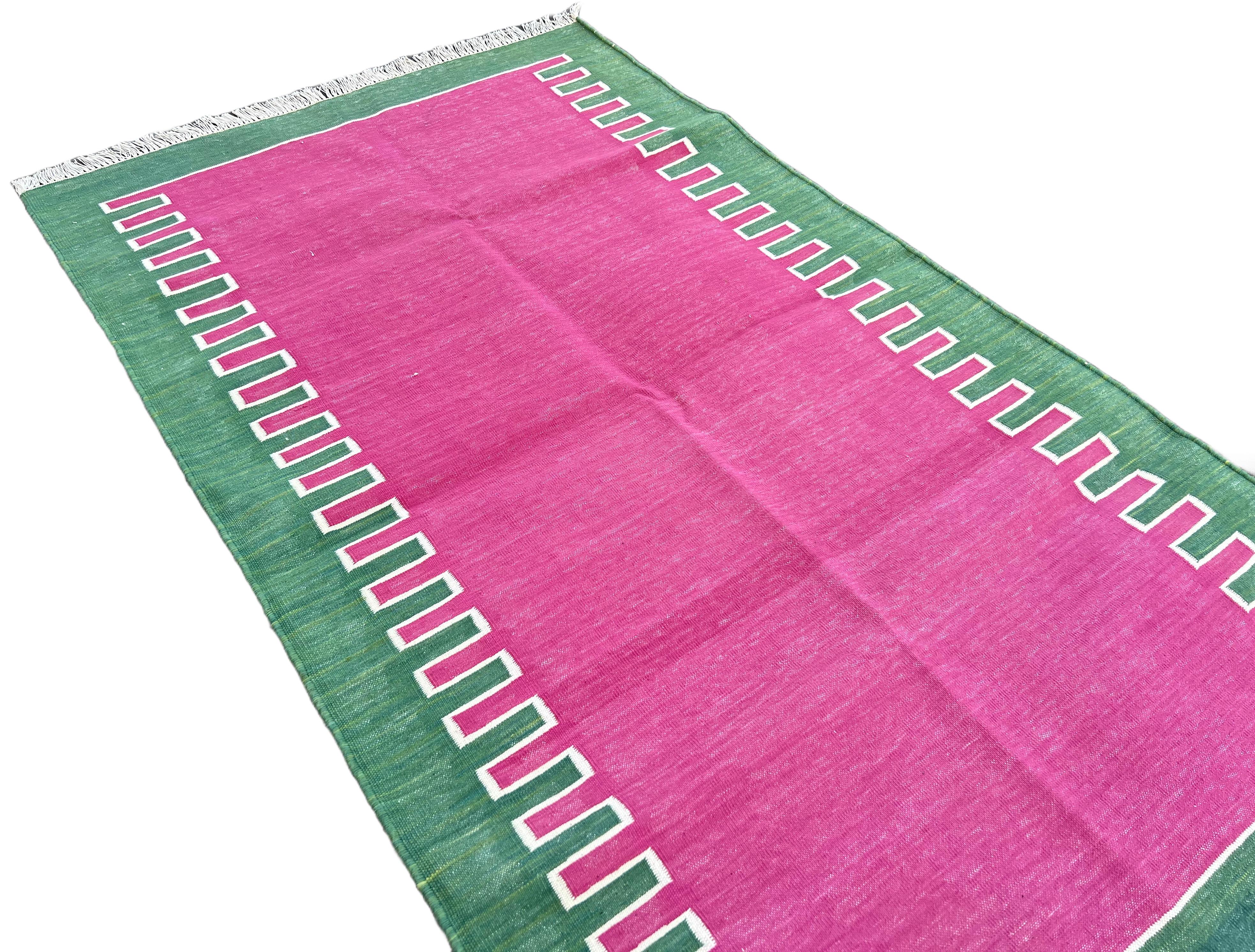 Contemporary Handmade Cotton Area Flat Weave Rug, 3x5 Pink And Green Striped Indian Dhurrie For Sale