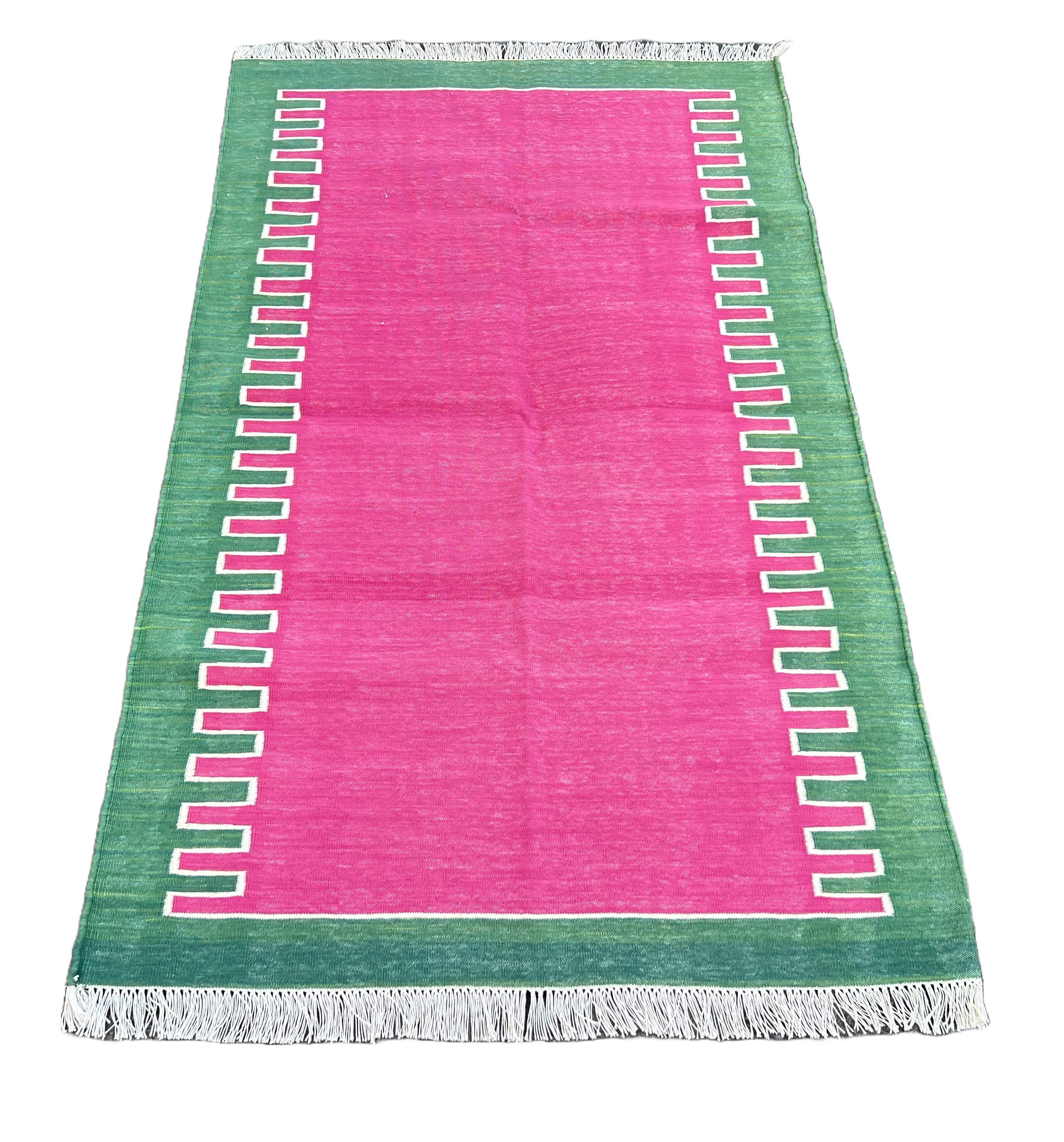 Handmade Cotton Area Flat Weave Rug, 3x5 Pink And Green Striped Indian Dhurrie For Sale 1