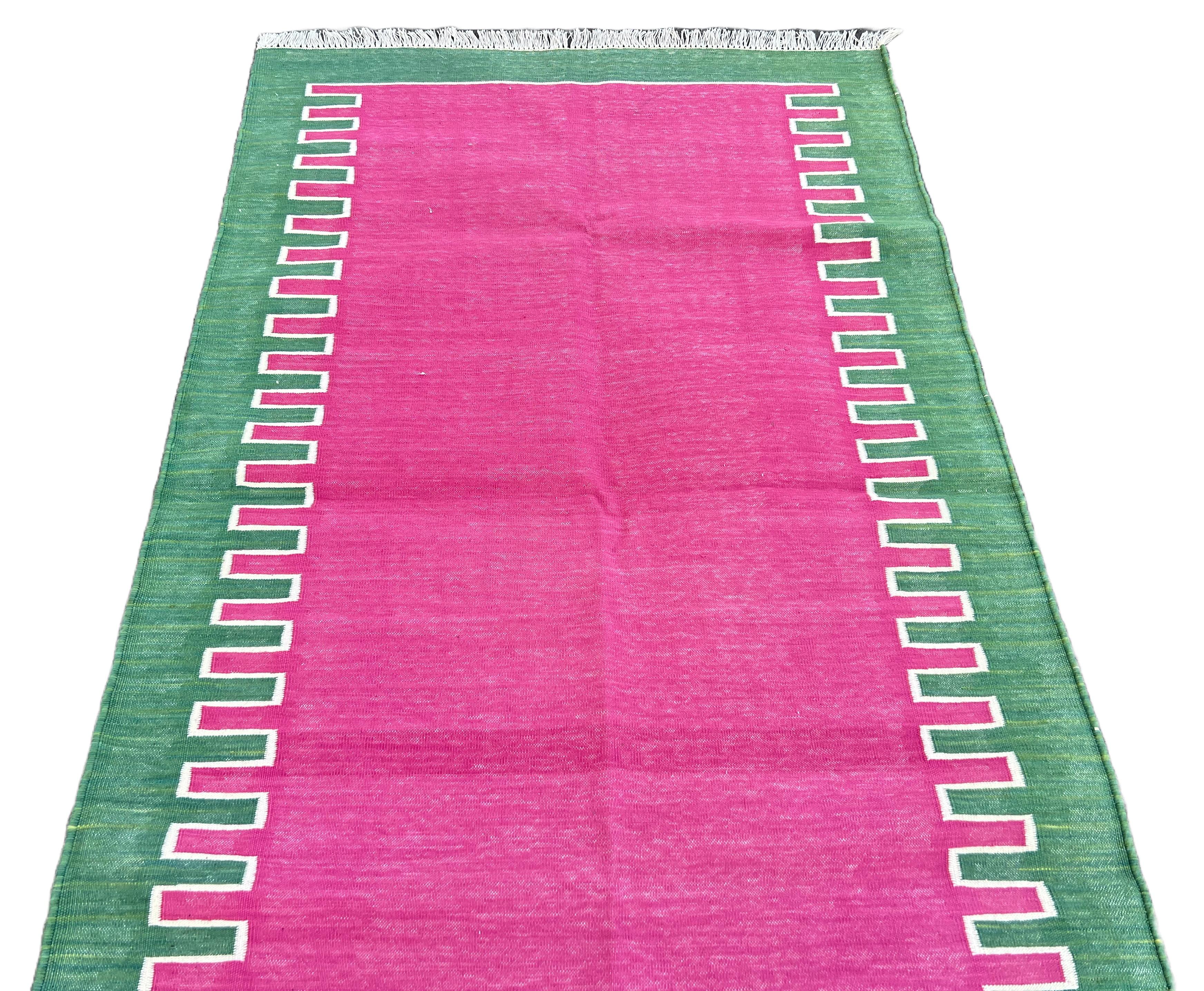 Handmade Cotton Area Flat Weave Rug, 3x5 Pink And Green Striped Indian Dhurrie For Sale 2