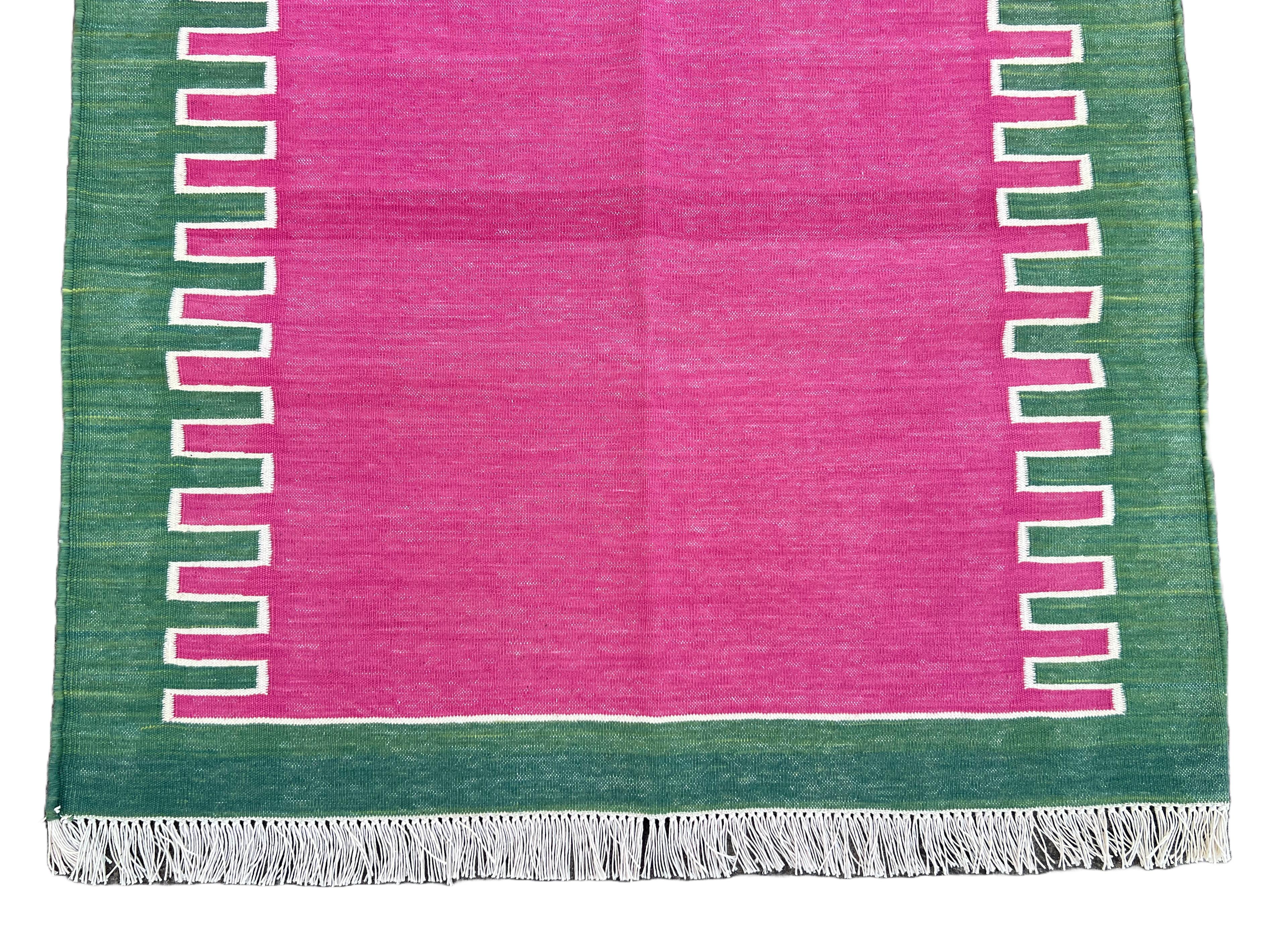 Handmade Cotton Area Flat Weave Rug, 3x5 Pink And Green Striped Indian Dhurrie For Sale 3
