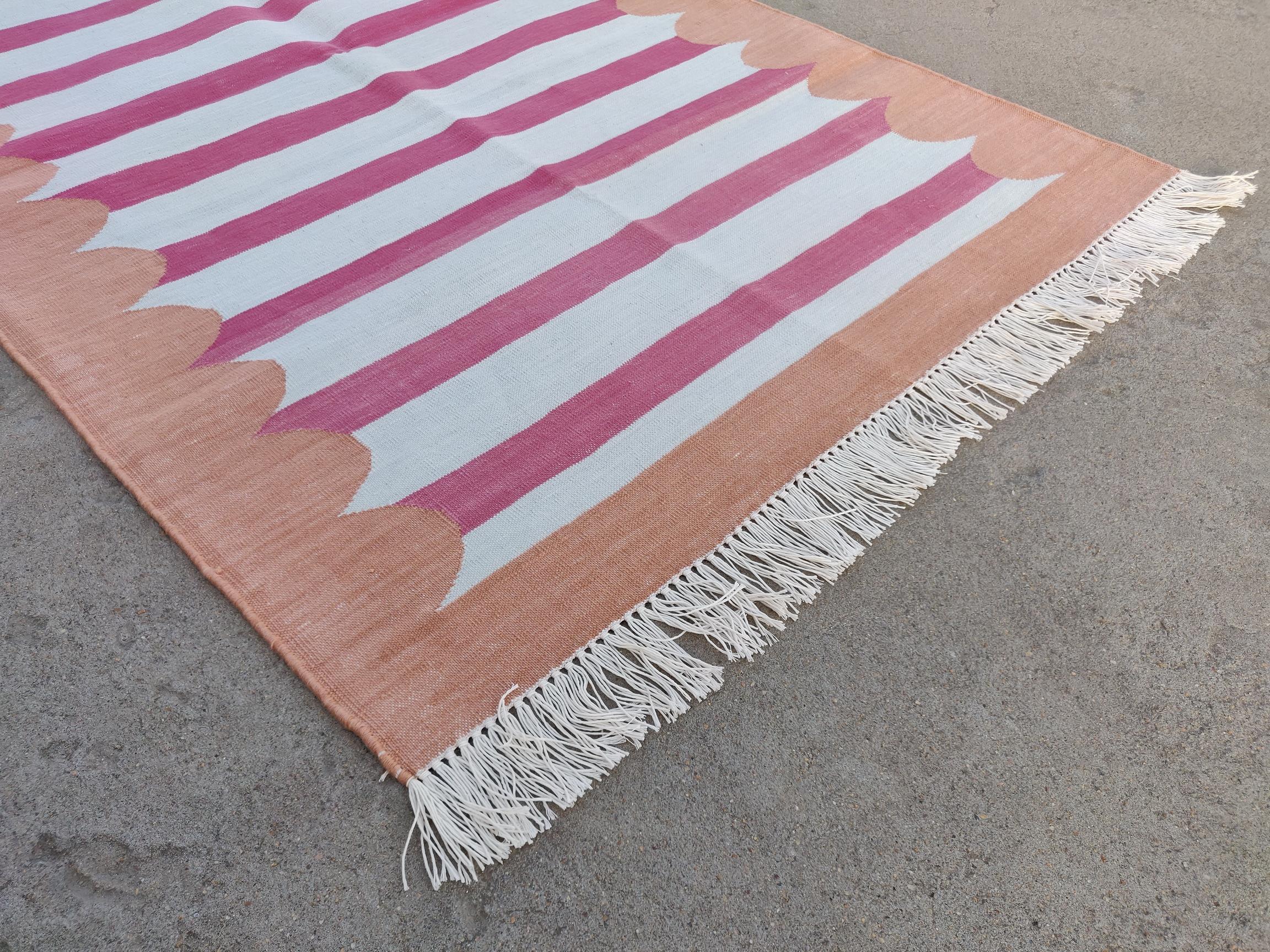 Mid-Century Modern Handmade Cotton Area Flat Weave Rug, 3x5 Pink And Tan Striped Indian Dhurrie Rug For Sale