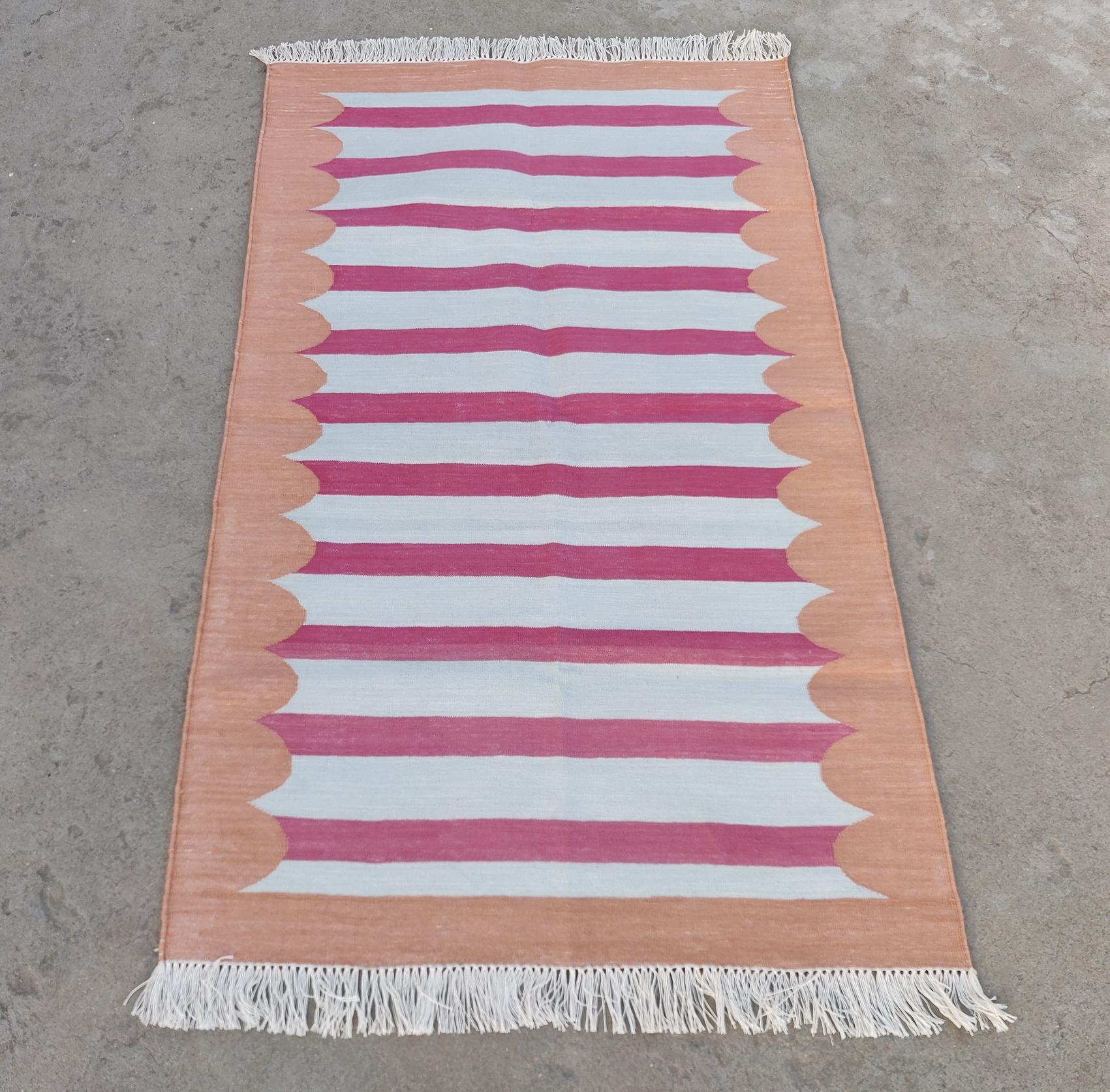 Hand-Woven Handmade Cotton Area Flat Weave Rug, 3x5 Pink And Tan Striped Indian Dhurrie Rug For Sale