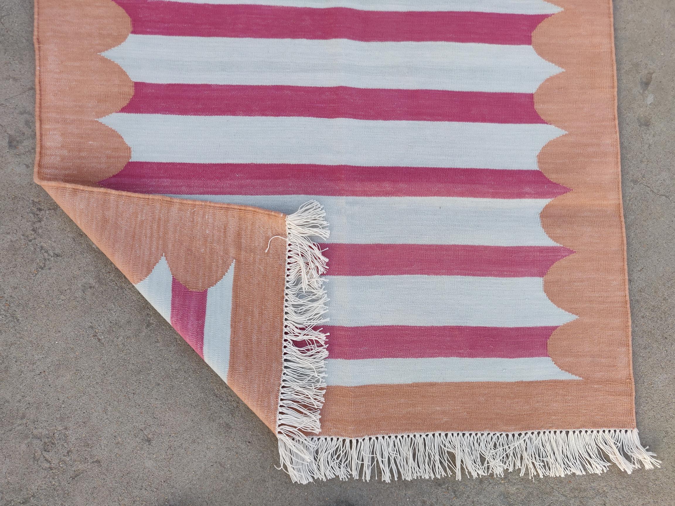 Handmade Cotton Area Flat Weave Rug, 3x5 Pink And Tan Striped Indian Dhurrie Rug For Sale 1