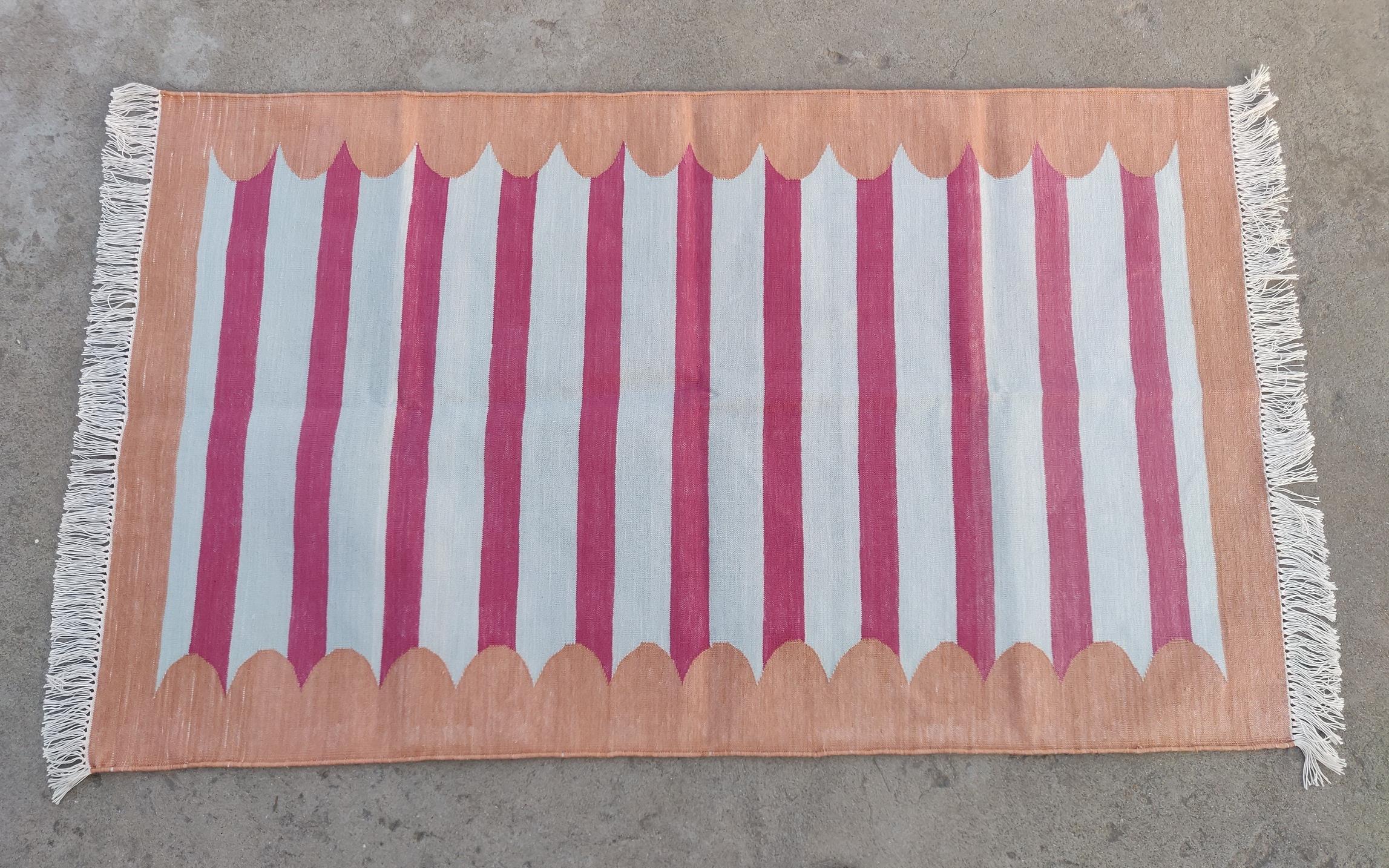Handmade Cotton Area Flat Weave Rug, 3x5 Pink And Tan Striped Indian Dhurrie Rug For Sale 2