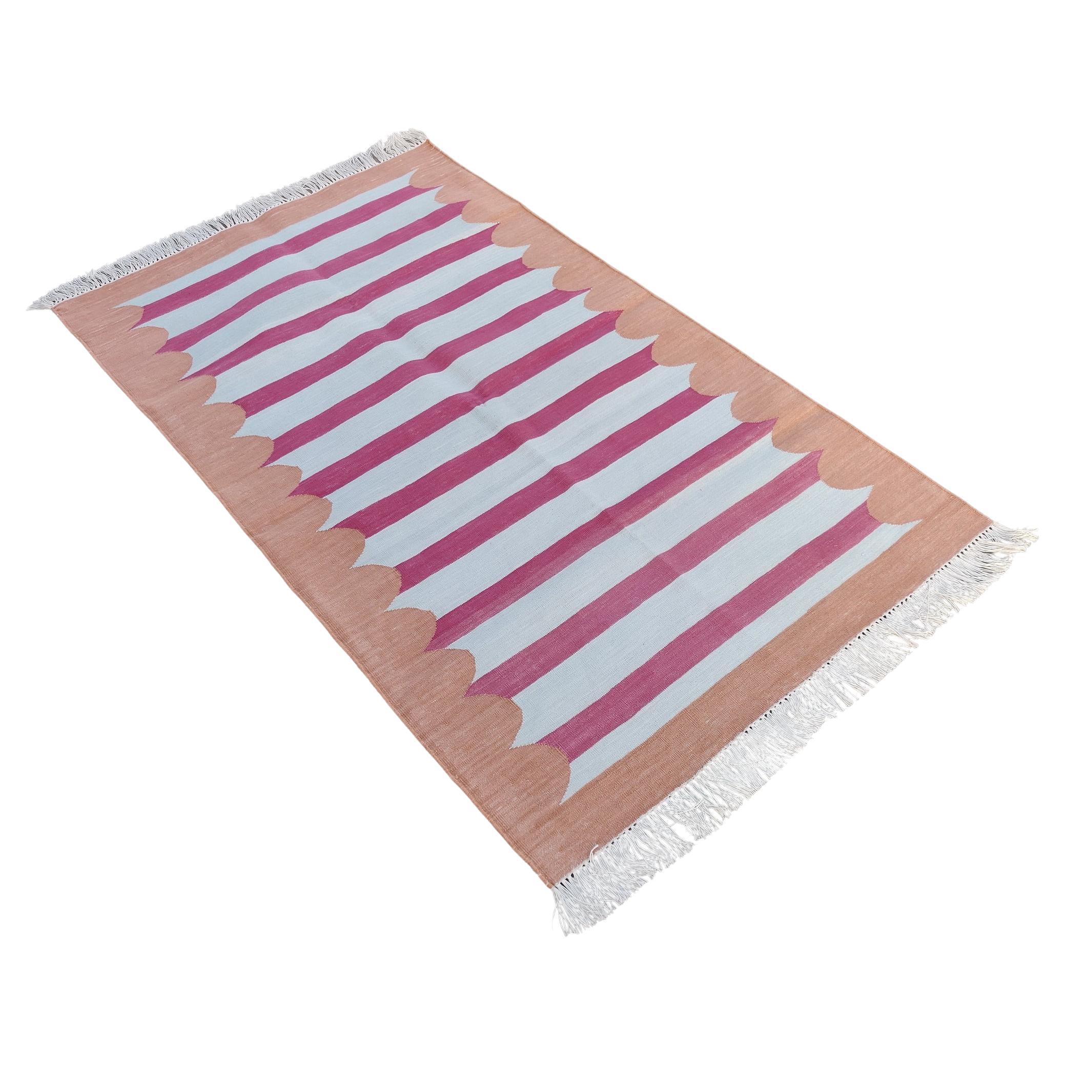 Handmade Cotton Area Flat Weave Rug, 3x5 Pink And Tan Striped Indian Dhurrie Rug For Sale