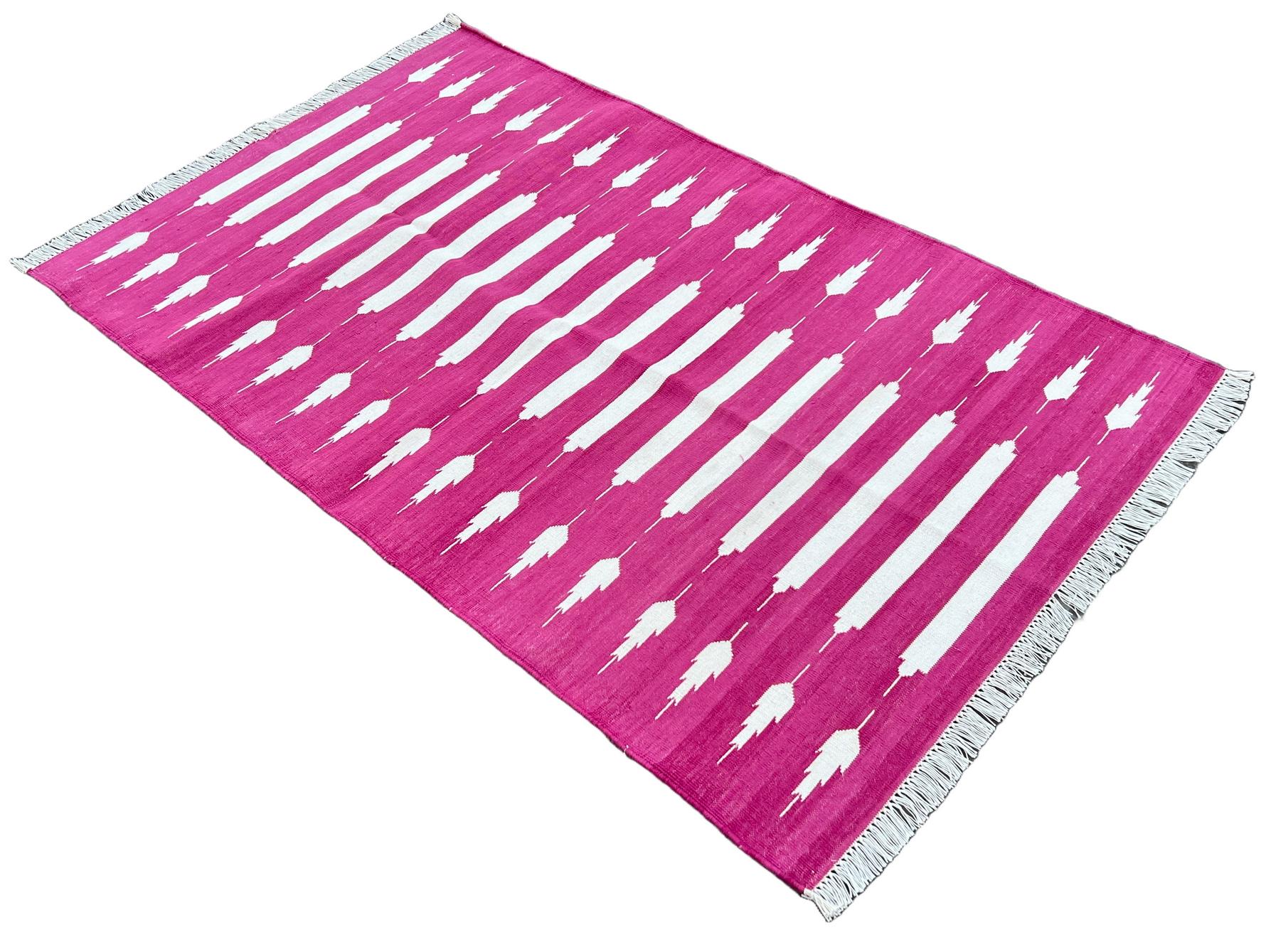 Cotton Vegetable Dyed Pink And White Striped Indian Dhurrie Rug-3'x5' 
These special flat-weave dhurries are hand-woven with 15 ply 100% cotton yarn. Due to the special manufacturing techniques used to create our rugs, the size and color of each