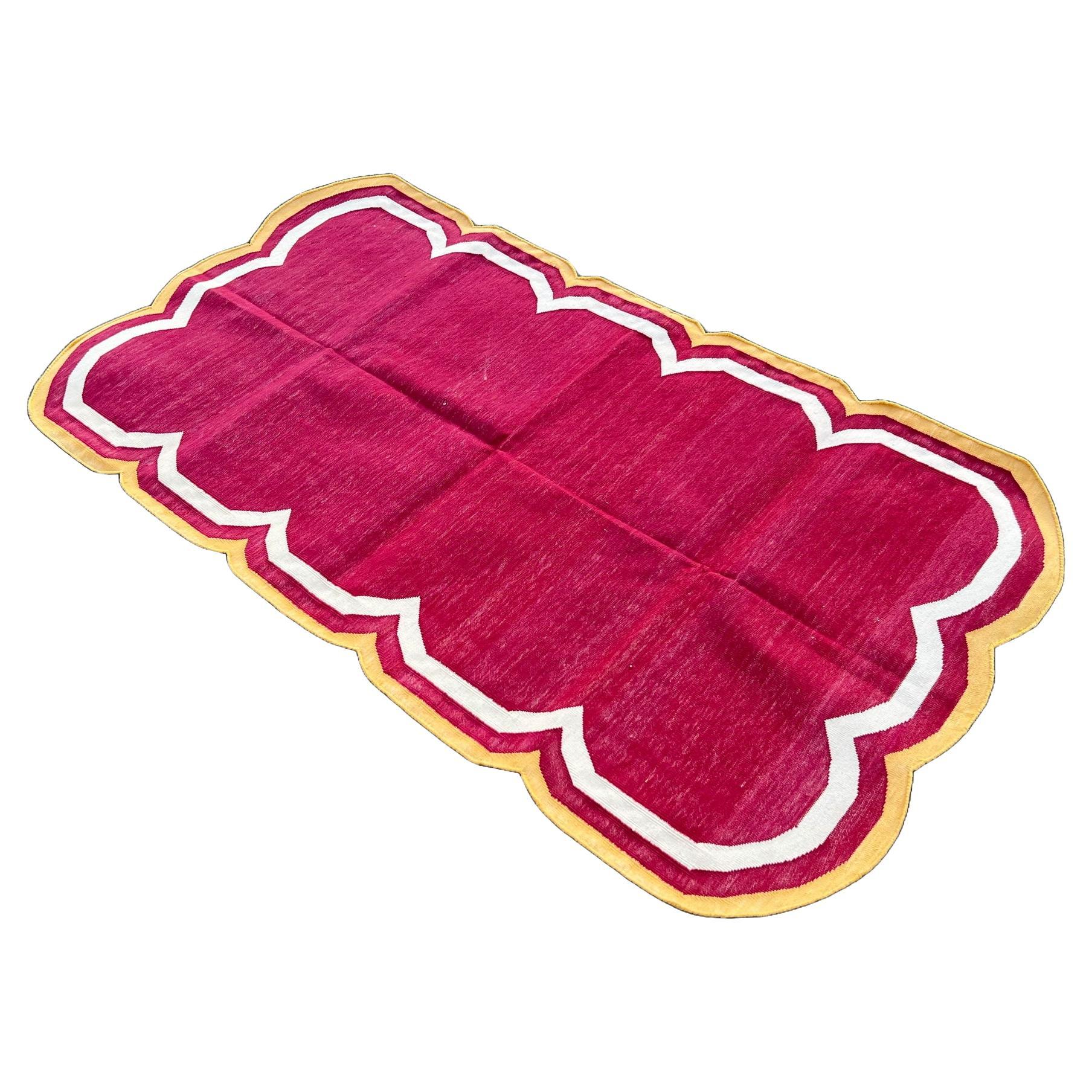Handmade Cotton Area Flat Weave Rug, 3x5 Pink And Yellow Scalloped Kilim Dhurrie For Sale